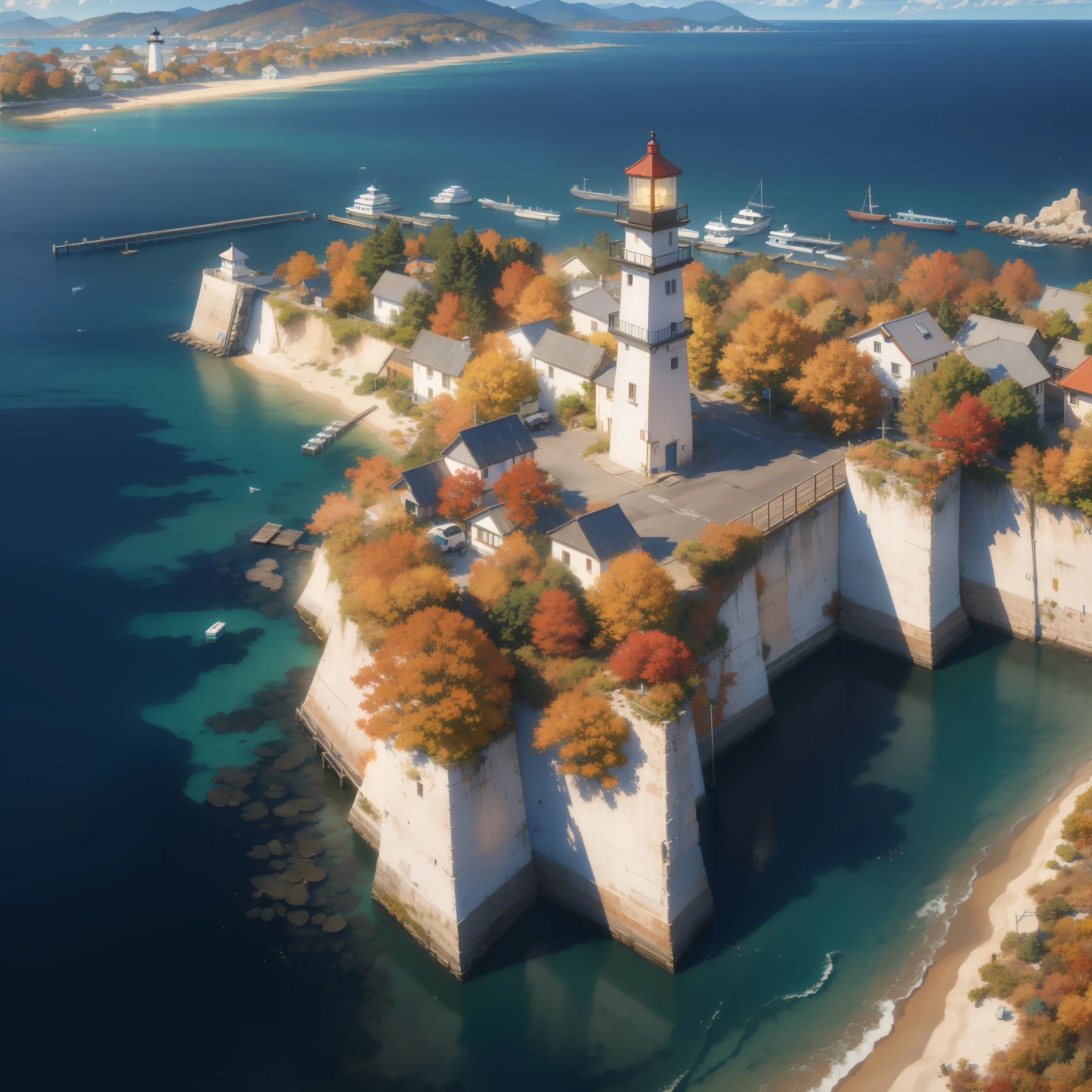 (from above:1.5), (seaside,autumn,:1.2), Wide sea,horizon, There is a small lighthouse on the small bridge, no people,nobody, very detailed, light particle effect, excellent work, extremely elaborate picture description,8k wallpaper, obvious light and shadow effects, ray tracing, obvious layers, depth of field, best quality,