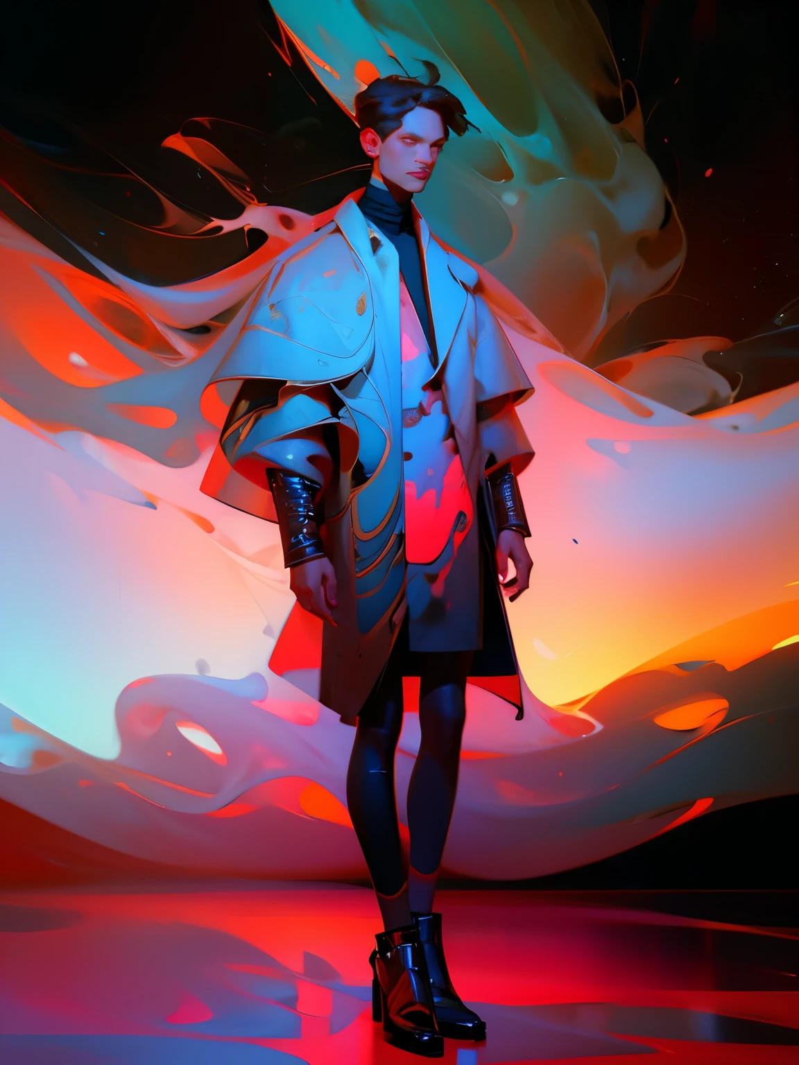 Man wearing trendy clothes, in an abstract oil painting style, fashion show, The painting is ultra-high detailed and has a resolution of 8k, showcasing the best quality and craftsmanship. The background is colorful, with a touch of fog and mist, creating a mysterious atmosphere. There is a subtle lens flare effect, adding a dynamic element to the artwork. This painting aims to be reminiscent of luxury brand advertising, showcasing the beauty and elegance of the fashion world.