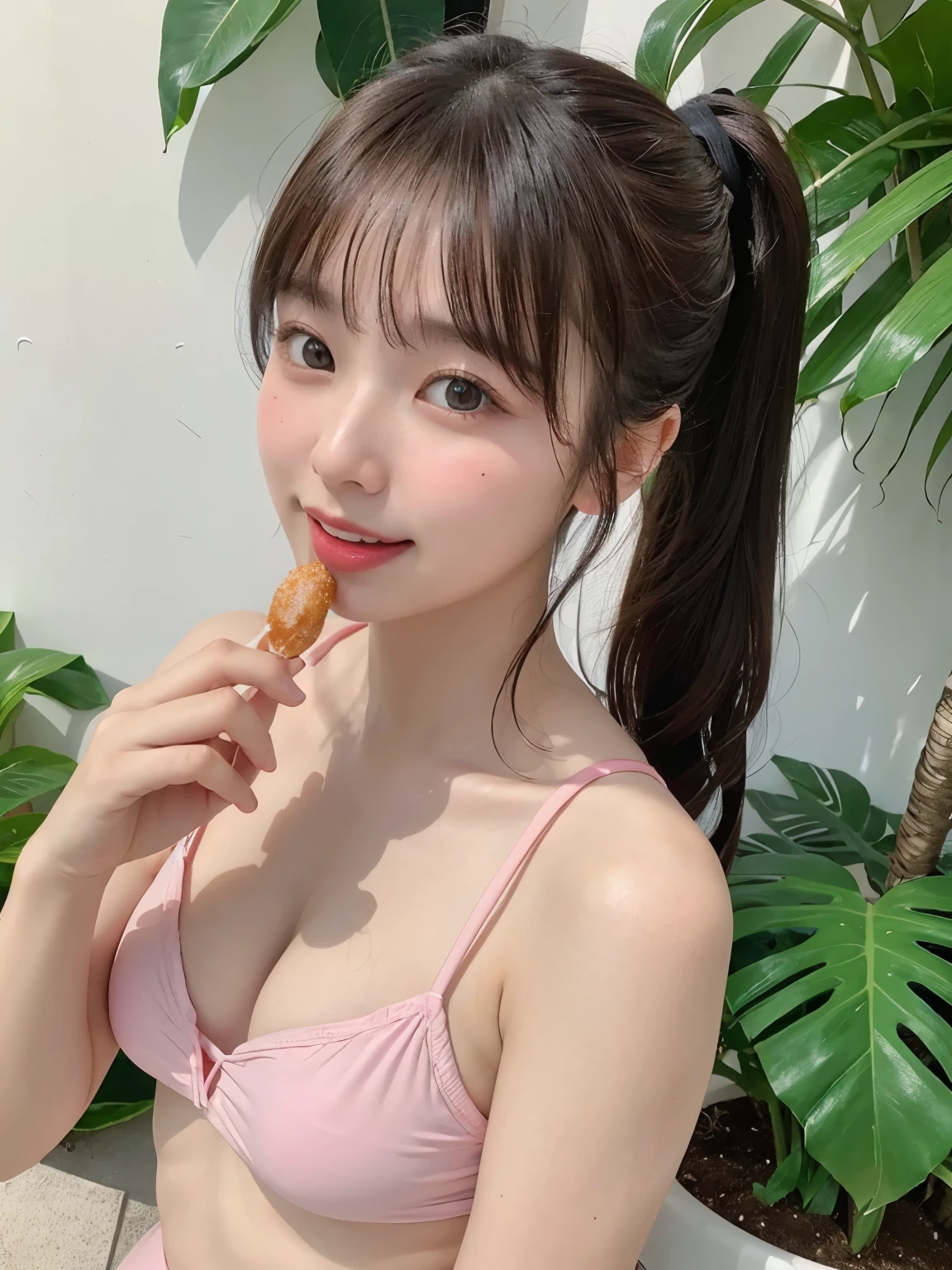 highest quality、8K、ultra high resolution、Super detailed face and eyes、Highly detailed face and skin texture、glowing skin、shiny skin、master piece:1.3、1 girl、super detail face、delicate eyes、double eyelid、(whole body、full shot)、short ponytail、20-year-old、brown hair、A sluggish smile、open your mouth and laugh、stick out tongue、eat donuts、pink swimsuit、pink bikini、resort