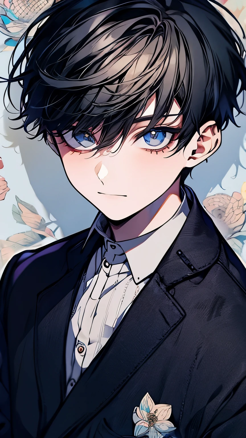 very detailed, ((two friendly boys:1.5)), perfect face, beautiful face, very detailed顔，(black haired boy:1.3)，(white haired boy:1.3)，Ruffled shirt，smile，flower