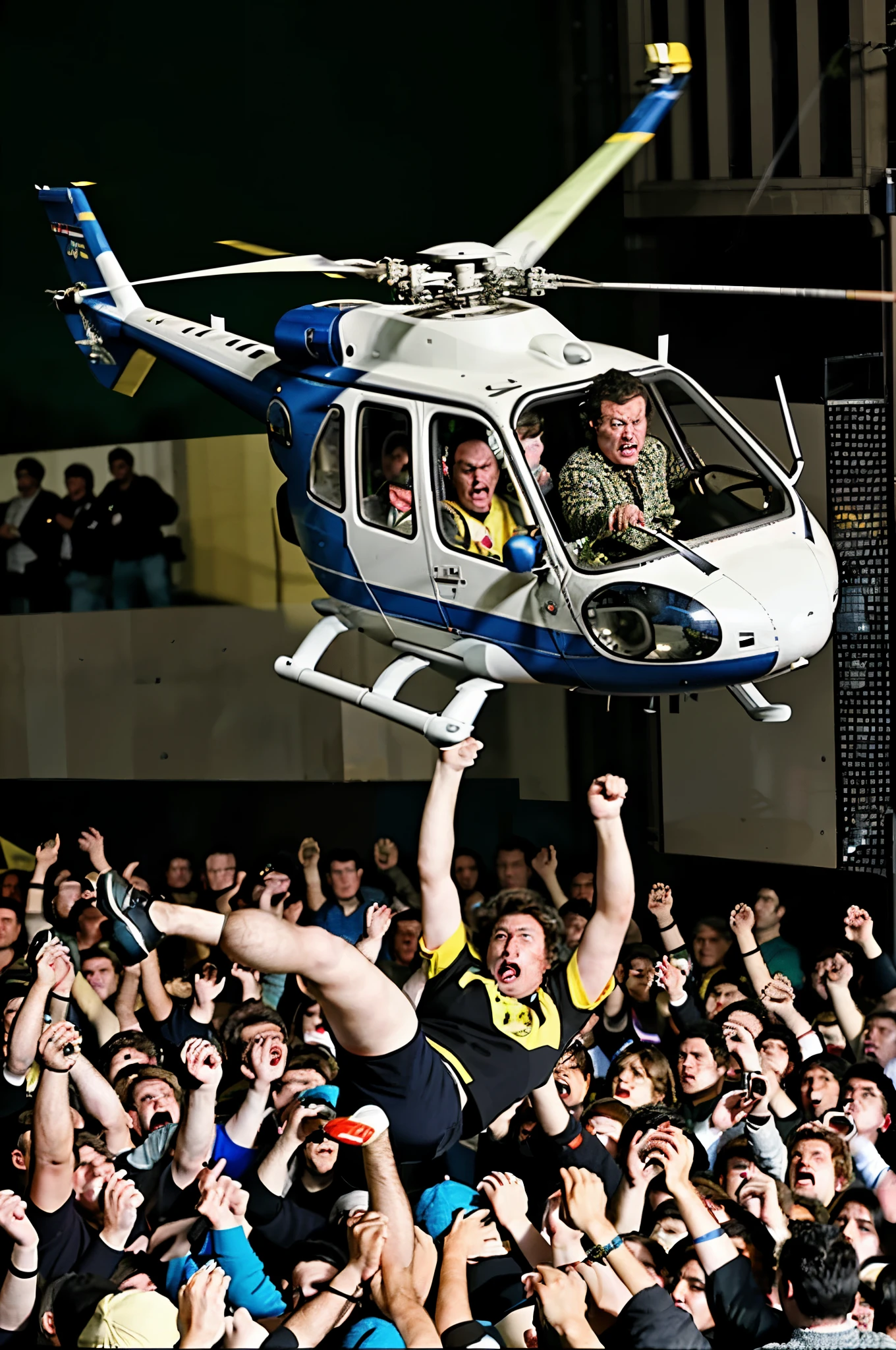 politician escaping in a helicopter and stoned by an angry crowd, obra maestra