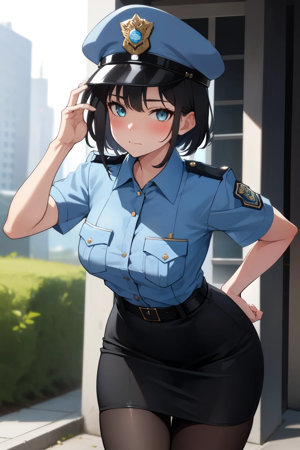 1girl,pantyhose,solo,hat,police,uniform,skirt,police uniform,black hair,short hair,policewoman,looking at viewer,blue shirt,shirt,black pantyhose,police hat,short sleeves,black skirt,breasts,belt,pencil skirt,peaked cap,leaning forward,outdoors,bangs,medium breasts,black belt,collared shirt,blush,closed mouth,blue headwear,grey eyes,miniskirt,standing