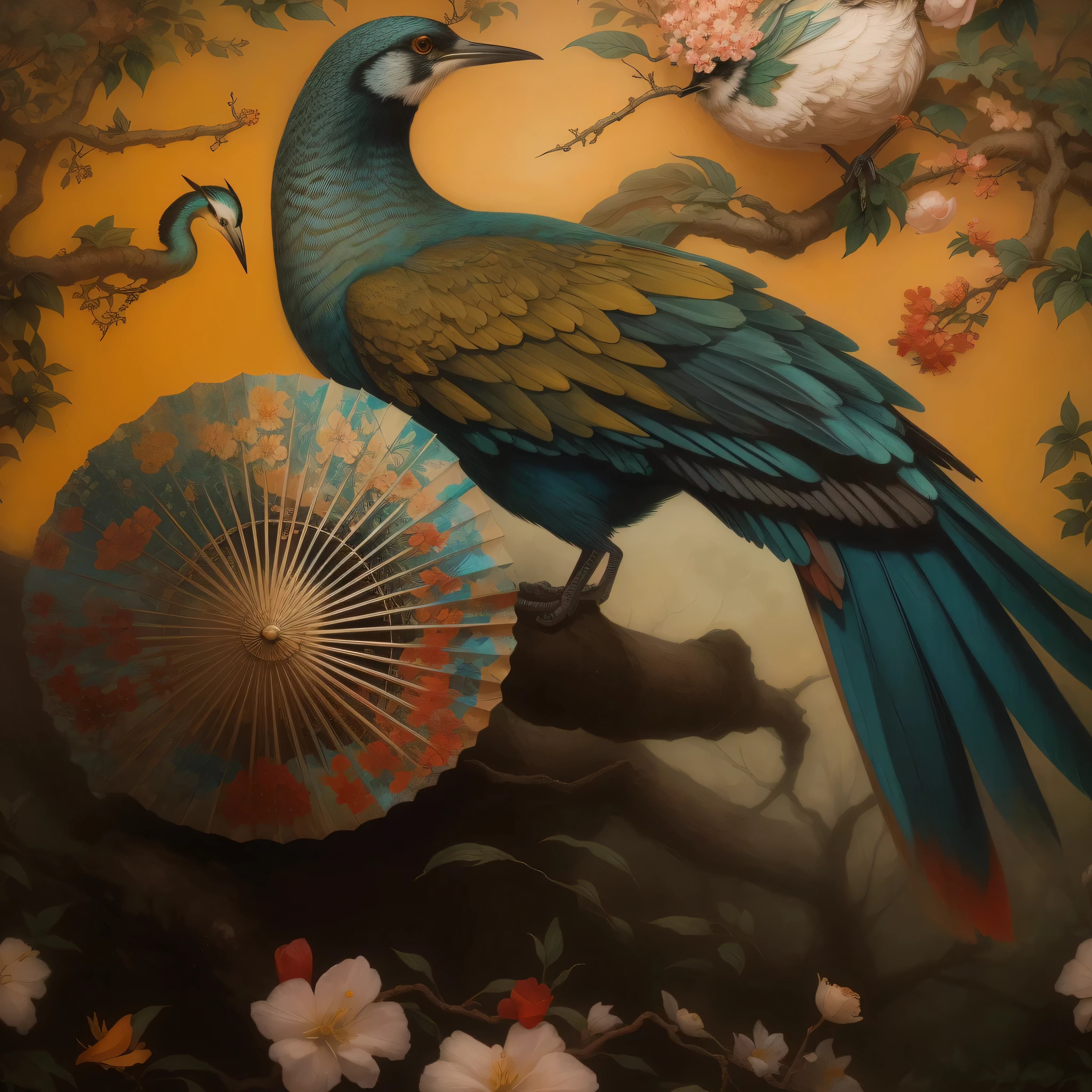 A bird rests on a branch,Painting with fan and flowers, Esau Andrews : : Gorgeous, Inspired by Yukimura Ohara, inspired author:daniel merriam, Cold Vitality Orientalism, Jonathan Young, Inspired by Fernand Verhagen, Inspired by Balthasar van der Ast, Elegant and highly ornamental, author:daniel merriam