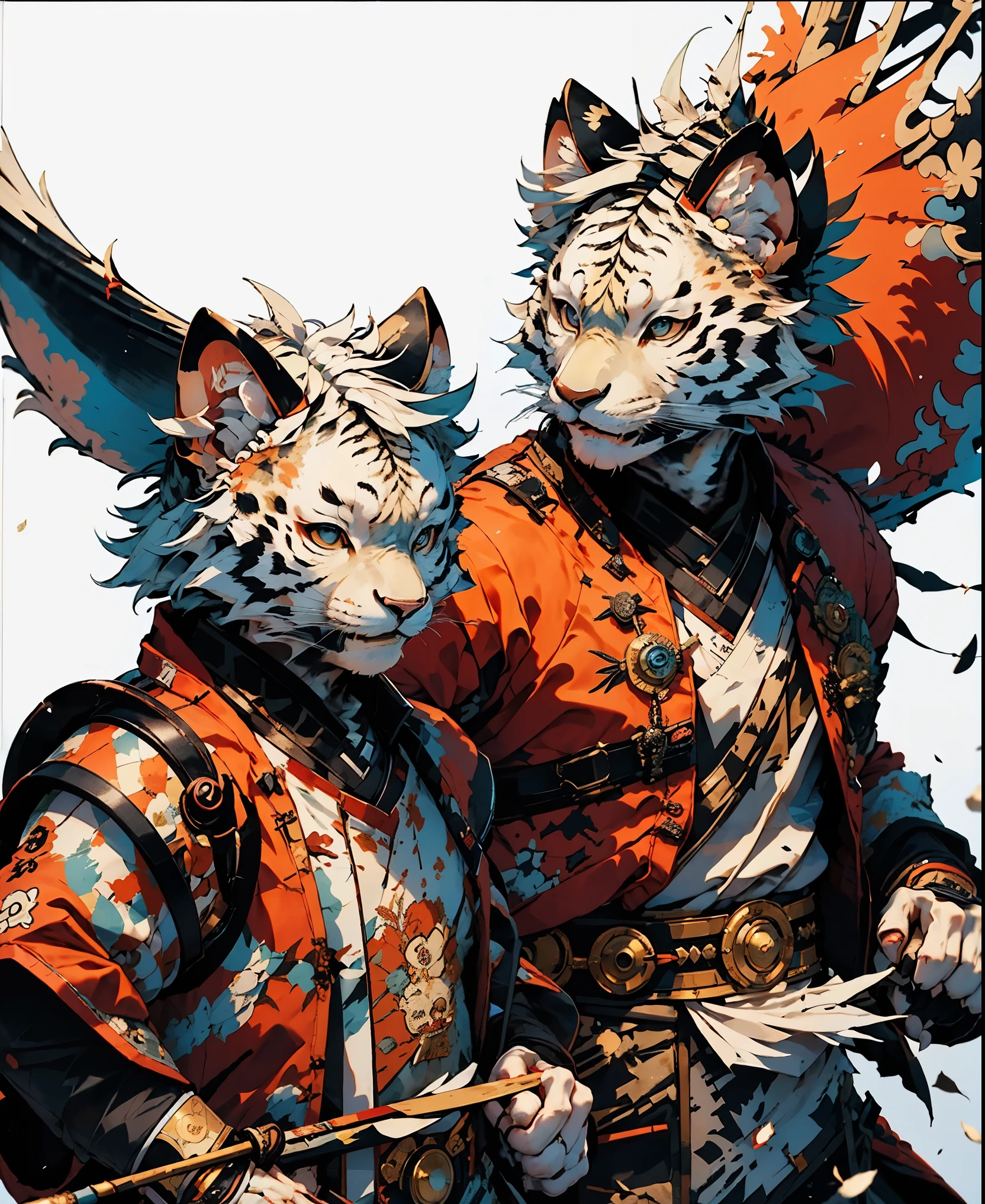 32K UHD QUALITY RESOLUTION, white tiger, samurai warrior, highly detailed samurai battle armor and sashimono war flag, dynamic battle pose, blood splattered, cherry blossoms blowing in the wind, post apocalyptic feudal Japan background