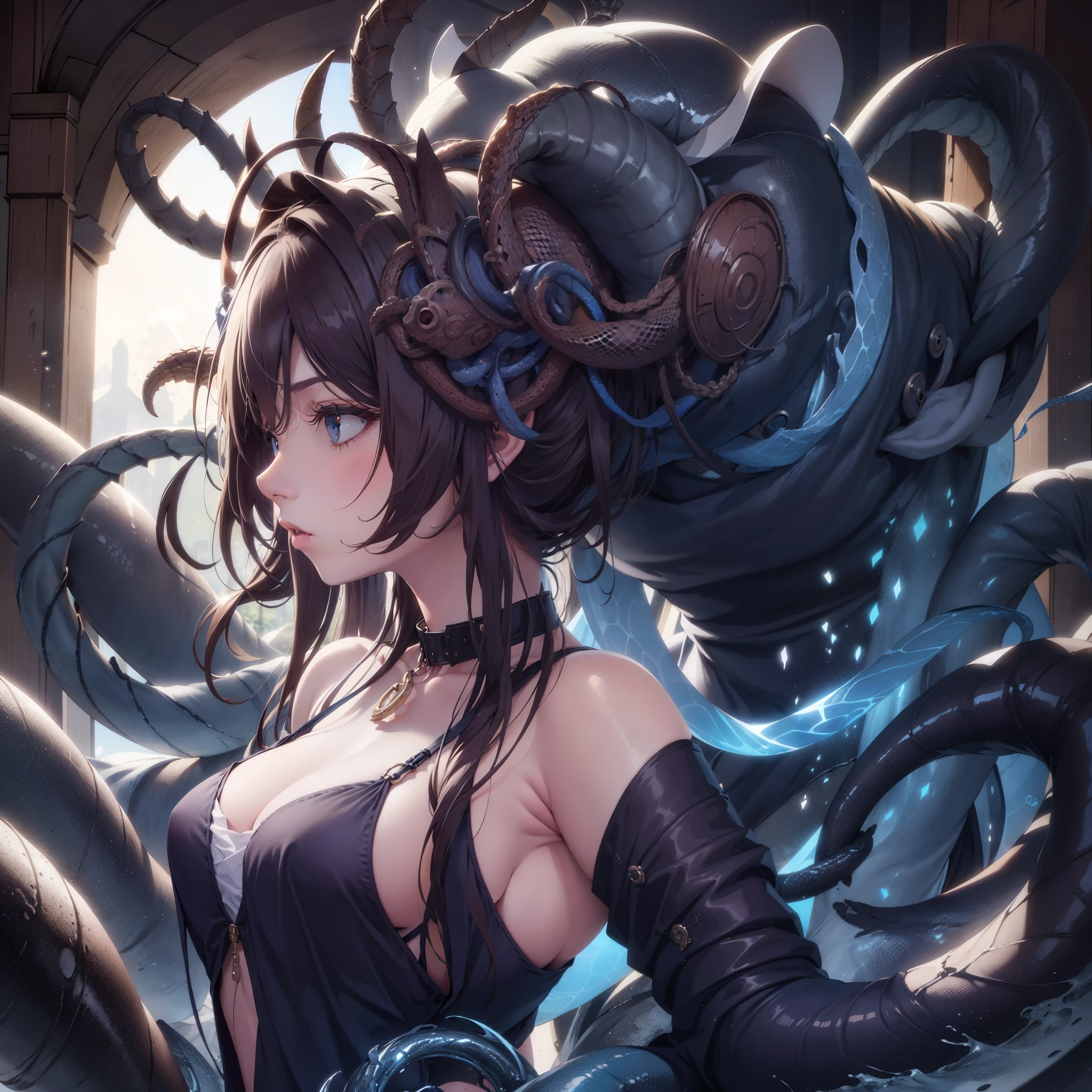 A woman with a dragon head and a snake tail in her hair, beautiful female gorgon, fierce medusa, female medusa long hair, small details. tentacle, very sad medusa, octopus goddess, her many snakes like hair, male medusa, long flowing medusa hair, goddess, eldritch goddess, medusa, gorgon, fantasy artwork