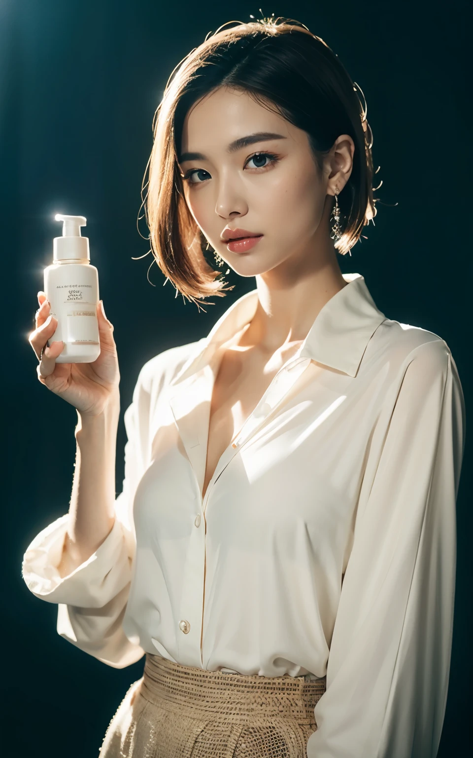 1 FEMALE-FOCUSED, A BEAUTIFUL FEMALE MODEL HAS A COSMETIC BOTTLE IN HER HANDS, WEARING WHITE SHIRT, THE MODEL'S SKIN IS HEALTHY AND CLEAR, AND THE COSMETICS BOTTLE SHINES LUXURIOUSLY, SKIN CARE, FLOWER, COSMETICS COMMERCIAL PHOTOS, CLEAN ATMOSPHERE, IN THE STUDIO, SHOT ON HASSELBLAD CAMERA, MEDIUM FORMAT, DRAMATIC LIGHTING, LUXURY BRAND COSMETIC