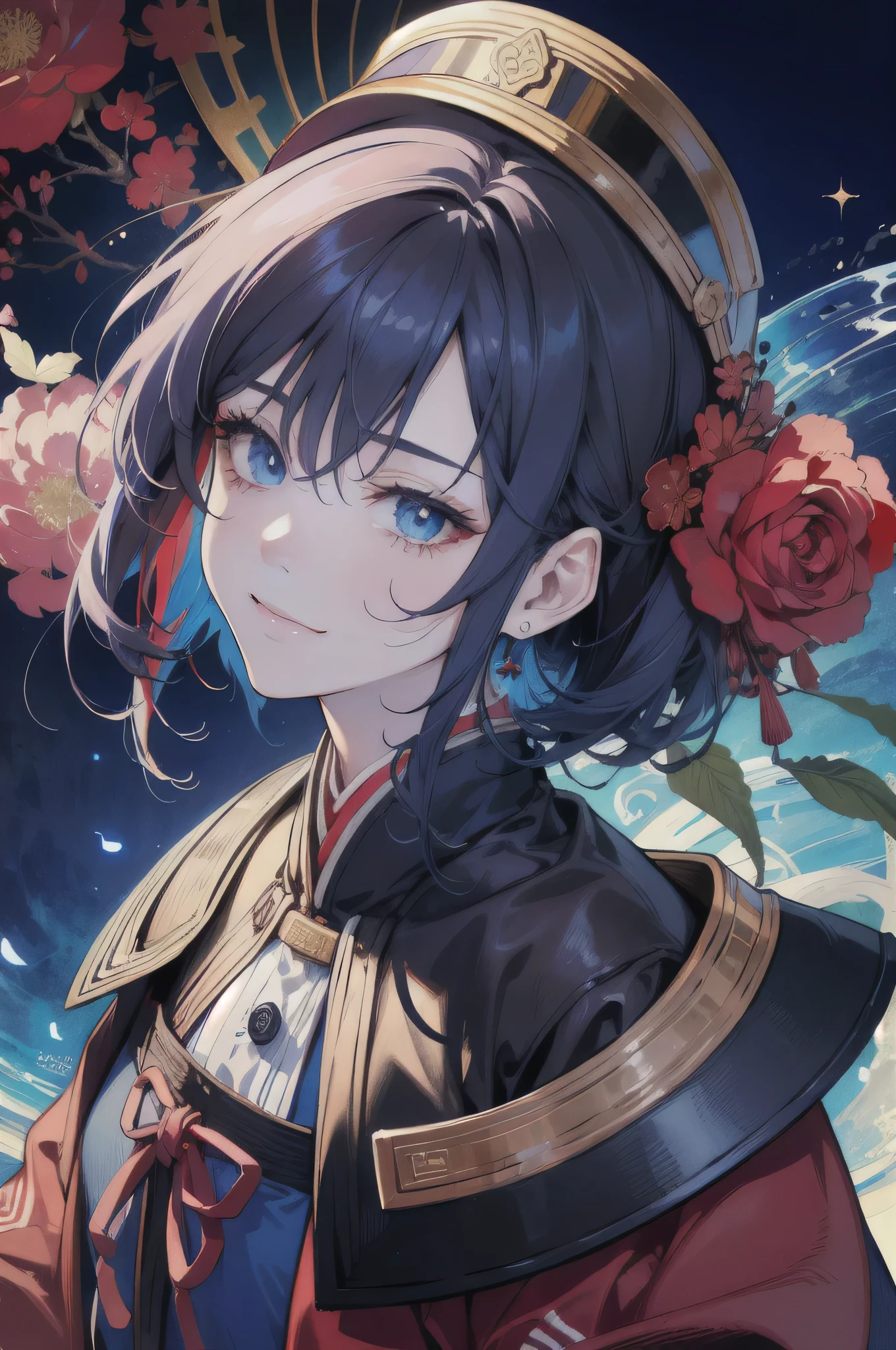 (hyperrealistic), (illustration), (high resolution), (8K), (extremely detailed), (best illustration), (beautiful detailed eyes), (best quality), (ultra-detailed), (masterpiece), (absurdres, highres, ultra detailed), 1 female, adult, beautiful, finely detailed eyes, blond color hair, avatar the last airbender , complex pattern, detailed face, magic effect, bitter cold, cold snap, smile, (dutch angle), closed mouth, blue eyes, red kimono with jacket, Red, Red and black kimono, (facing viewer)