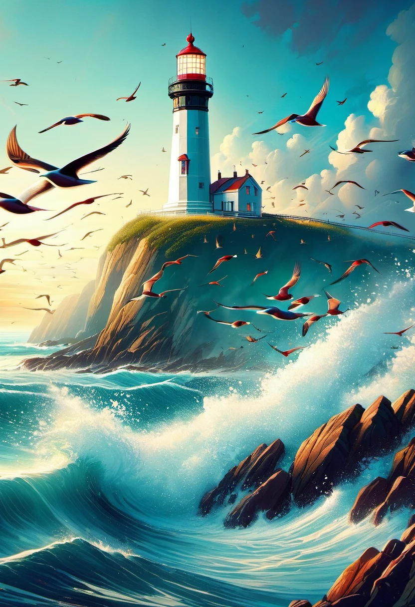 a painting of a lighthouse on a rocky shore with birds flying around, Lighthouse radiates light from the sea., art station, serial art,, lighthouse, lighthouse, Amazing wallpapers, beautiful数字艺术作品, 一个beautiful艺术, 4k detailed digital art, landscape artwork, 一幅beautiful画, high quality digital, beautiful.super detailed,(actual,photoactual,photo-actual:1.37),anatomically correct...