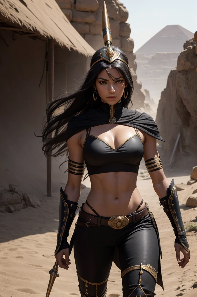 A beautiful young African woman with her arms outstretched towards the sky, desert goddess, incredibly gorgeous, stately and stately, generous, muscular, six pack abs, hair braided in a flowing ponytail, revealing outfit, loose stole, ornate jewelry, looking at camera, sandy landscape, fantasy, ethereal, dreamy, dramatic lighting, vibrant colors, exquisite details, (highest quality, 4k, 8k, high resolution, masterpiece:1.2), ultra detailed, (realistic, photorealistic, photorealistic:1.37), vibrant colors, HDR, studio lighting, physically based rendering, concept art