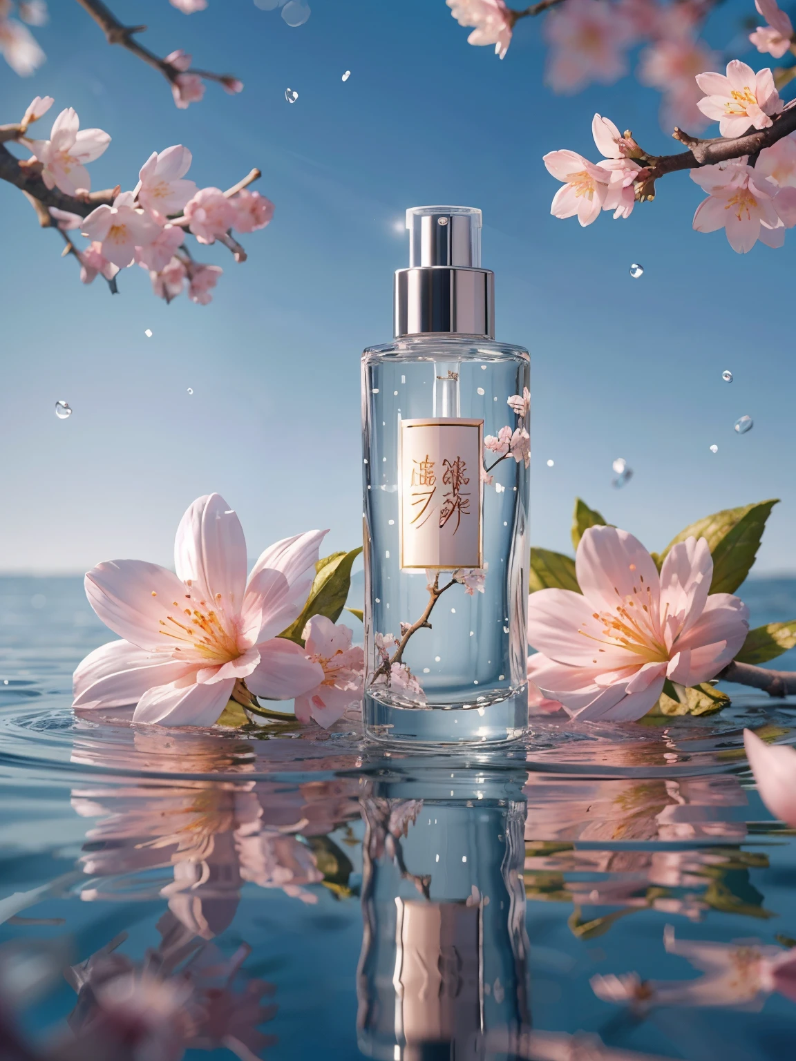 BEST QUALITY, 4K, 8K, HIGH RESOLUTION, MASTERPIECE, ULTRA-DETAILED, PHOTOREALISTIC, BLENDER, MAKEUP BOTTLE, CHERRY BLOSSOM WRAPPED AROUND, BLUE SKY BACKGROUND, WATER, SUNLIGHT, LOW PERSPECTIVE, PRODUCT RENDERING