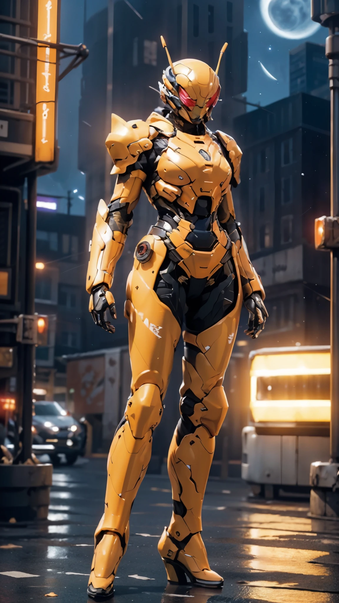 A woman adorned in fantasy-style full-body armor, a crown-concept fully enclosed helmet that unveils only her eyes, a composite layered chest plate, fully encompassing shoulder and hand guards, a lightweight waist armor, form-fitting shin guards, the overall design is heavy-duty yet flexible, ((the armor gleams with a golden glow, complemented by red and blue accents)), exhibiting a noble aura, she floats above a fantasy-surreal high-tech city, this character embodies a finely crafted fantasy-surreal style armored hero in anime style, exquisite and mature manga art style, (Queen bee mixed with Spider concept Armor, photorealistic:1.2, Real texture material:1.2), ((night sky, city night view, elegant, goddess, femminine:1.5)), Unreal Engine 5, metallic, high definition, best quality, highres, ultra-detailed, ultra-fine painting, extremely delicate, professional, anatomically correct, symmetrical face, extremely detailed eyes and face, high quality eyes, creativity, RAW photo, UHD, 32k, Natural light, cinematic lighting, masterpiece-anatomy-perfect, masterpiece:1.5