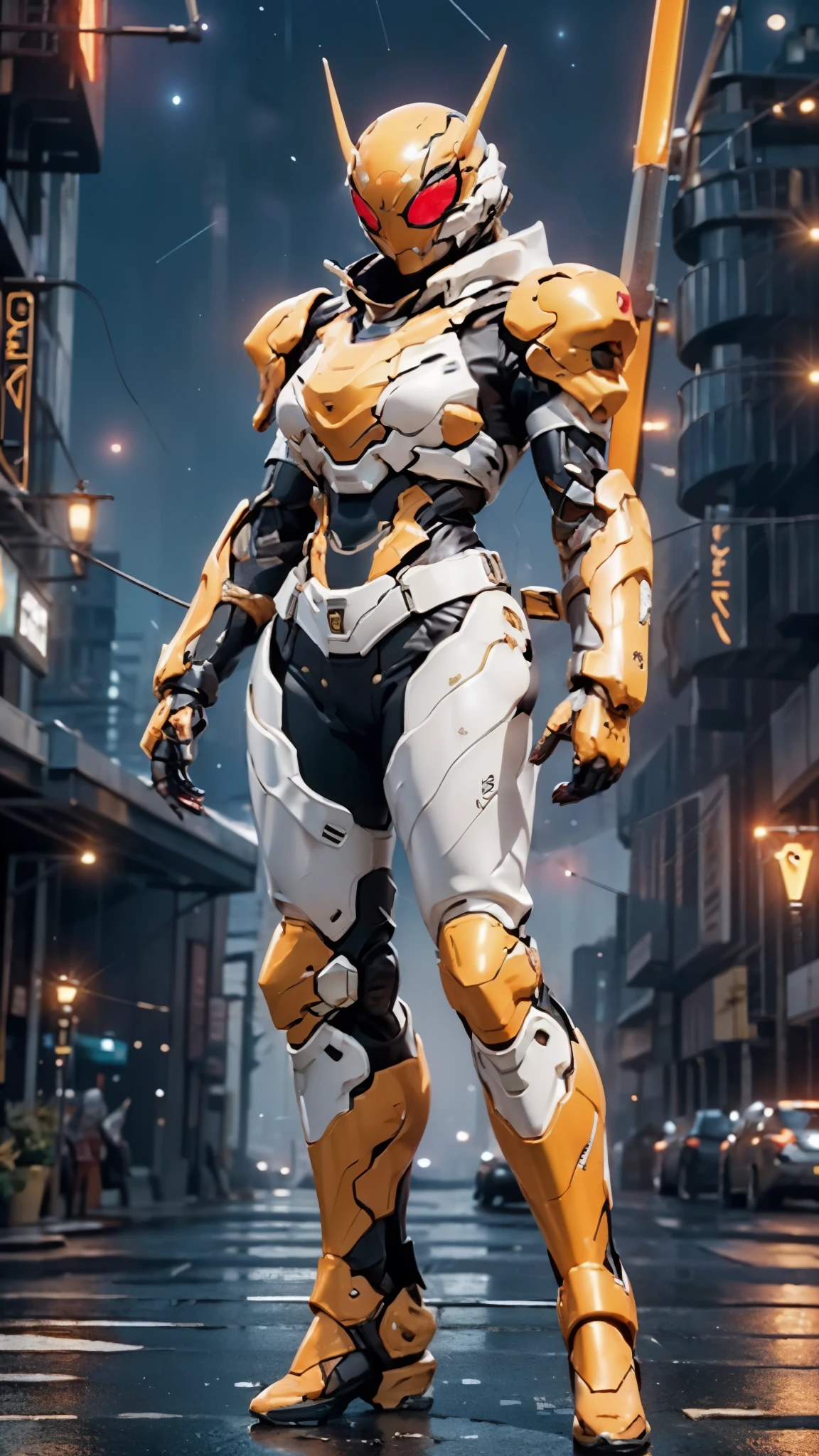 A woman adorned in fantasy-style full-body armor, a crown-concept fully enclosed helmet that unveils only her eyes, a composite layered chest plate, fully encompassing shoulder and hand guards, a lightweight waist armor, form-fitting shin guards, the overall design is heavy-duty yet flexible, ((the armor gleams with a golden glow, complemented by red and blue accents)), exhibiting a noble aura, she floats above a fantasy-surreal high-tech city, this character embodies a finely crafted fantasy-surreal style armored hero in anime style, exquisite and mature manga art style, (Queen bee mixed with Spider concept Armor, photorealistic:1.2, Real texture material:1.2), ((night sky, city night view, elegant, goddess, femminine:1.5)), Unreal Engine 5, metallic, high definition, best quality, highres, ultra-detailed, ultra-fine painting, extremely delicate, professional, anatomically correct, symmetrical face, extremely detailed eyes and face, high quality eyes, creativity, RAW photo, UHD, 32k, Natural light, cinematic lighting, masterpiece-anatomy-perfect, masterpiece:1.5
