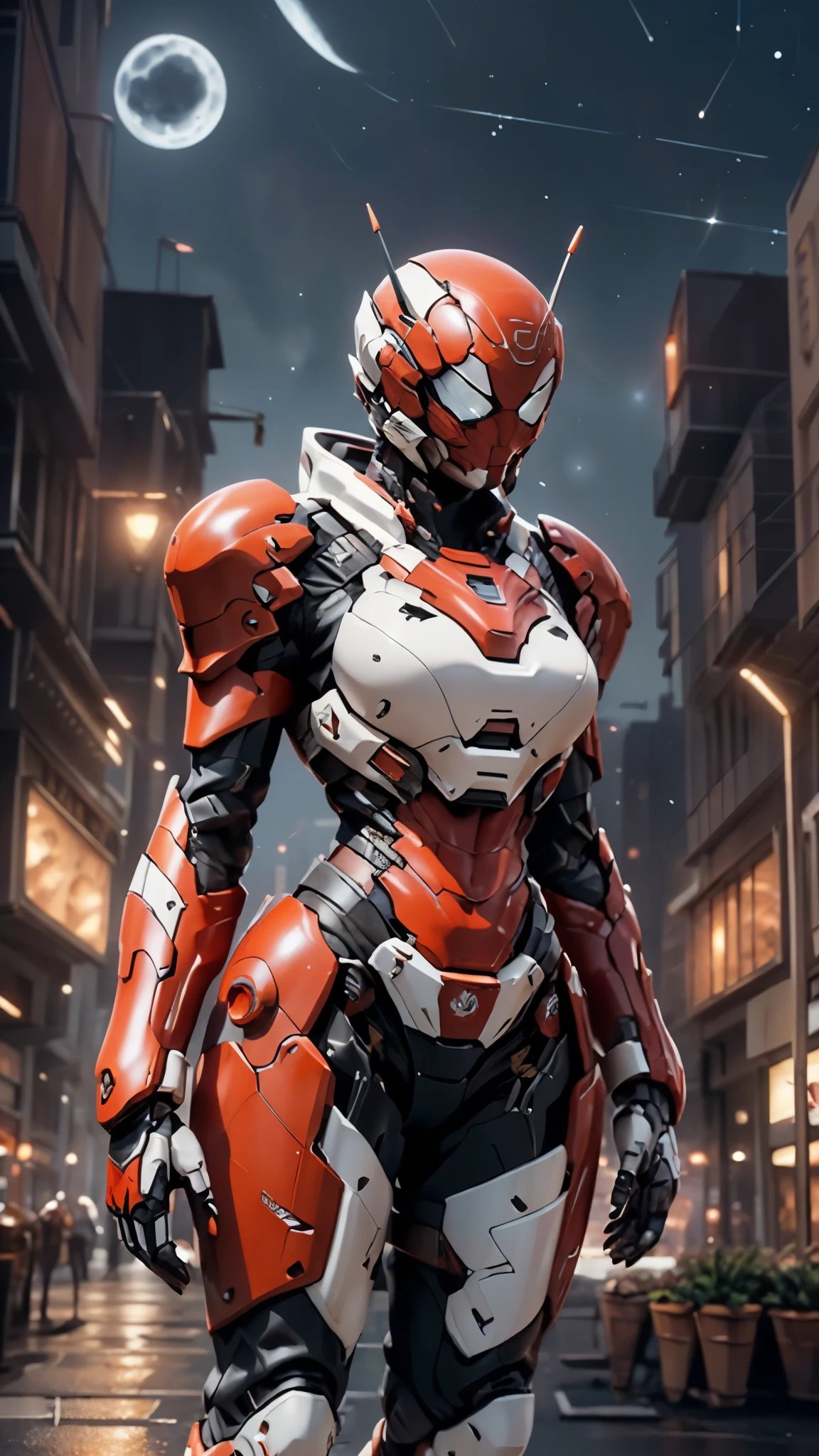 A woman adorned in fantasy-style full-body armor, a crown-concept fully enclosed helmet that unveils only her eyes, a composite layered chest plate, fully encompassing shoulder and hand guards, a lightweight waist armor, form-fitting shin guards, the overall design is heavy-duty yet flexible, ((the armor gleams with a golden glow, complemented by red and blue accents)), exhibiting a noble aura, she floats above a fantasy-surreal high-tech city, this character embodies a finely crafted fantasy-surreal style armored hero in anime style, exquisite and mature manga art style, (Queen bee mixed with Spider concept Armor, photorealistic:1.2, Real texture material:1.2), ((night sky, city night view, elegant, goddess, femminine:1.5)), Unreal Engine 5, metallic, high definition, best quality, highres, ultra-detailed, ultra-fine painting, extremely delicate, professional, anatomically correct, symmetrical face, extremely detailed eyes and face, high quality eyes, creativity, RAW photo, UHD, 32k, Natural light, cinematic lighting, masterpiece-anatomy-perfect, masterpiece:1.5