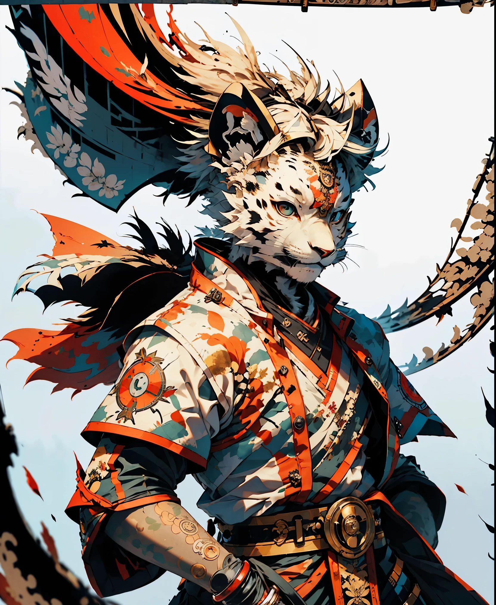 32K UHD QUALITY RESOLUTION, white tiger, samurai warrior, highly detailed samurai battle armor and sashimono war flag, dynamic battle pose, blood splattered, cherry blossoms blowing in the wind, post apocalyptic feudal Japan background 