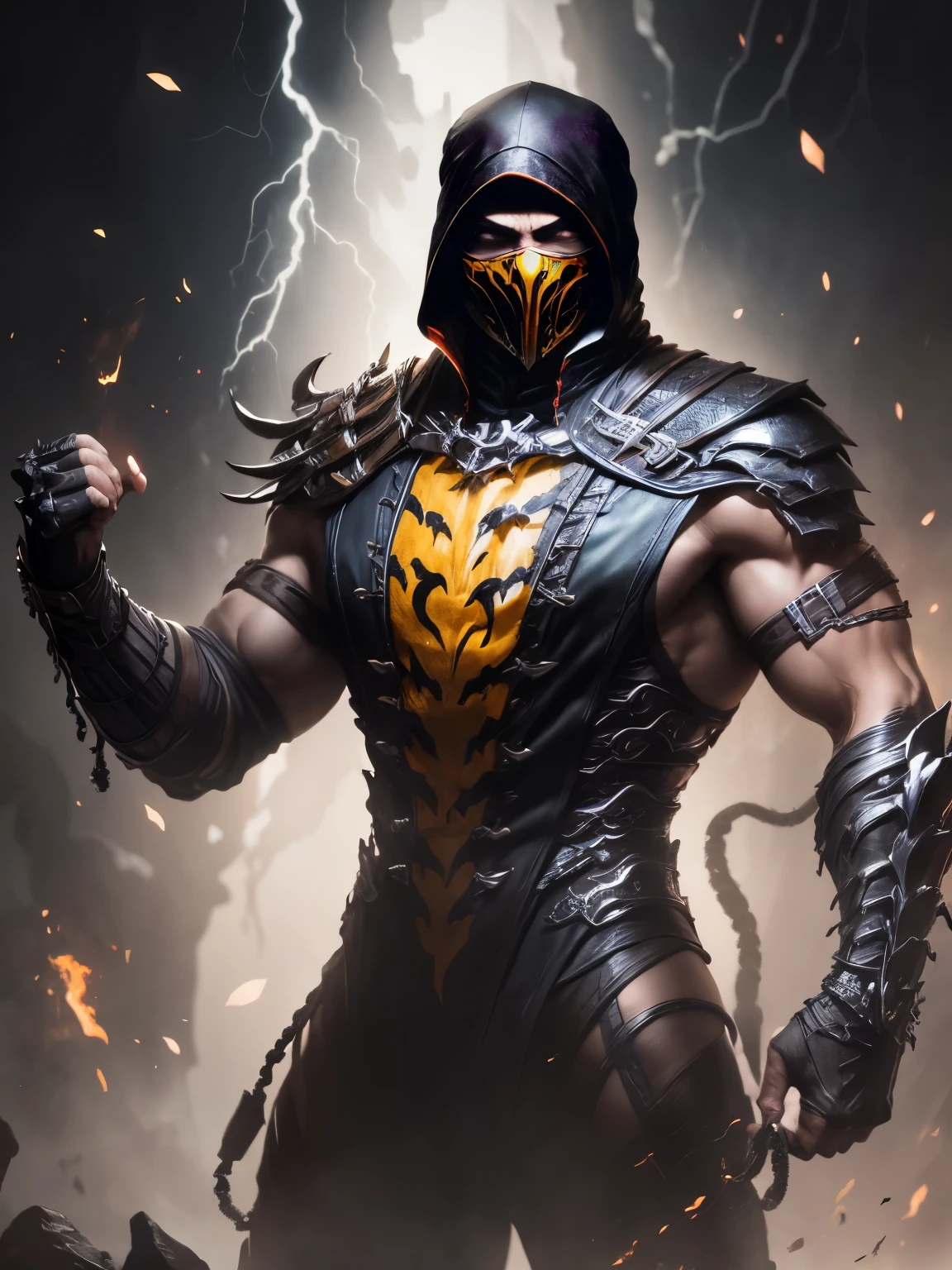 (((Revenant scorpion from mk 11))), (((flames))), (((cosmic flames))), (((dark white flames out of his hands))), (((white soulless eyes))), (((dark lightning out of his hands)))