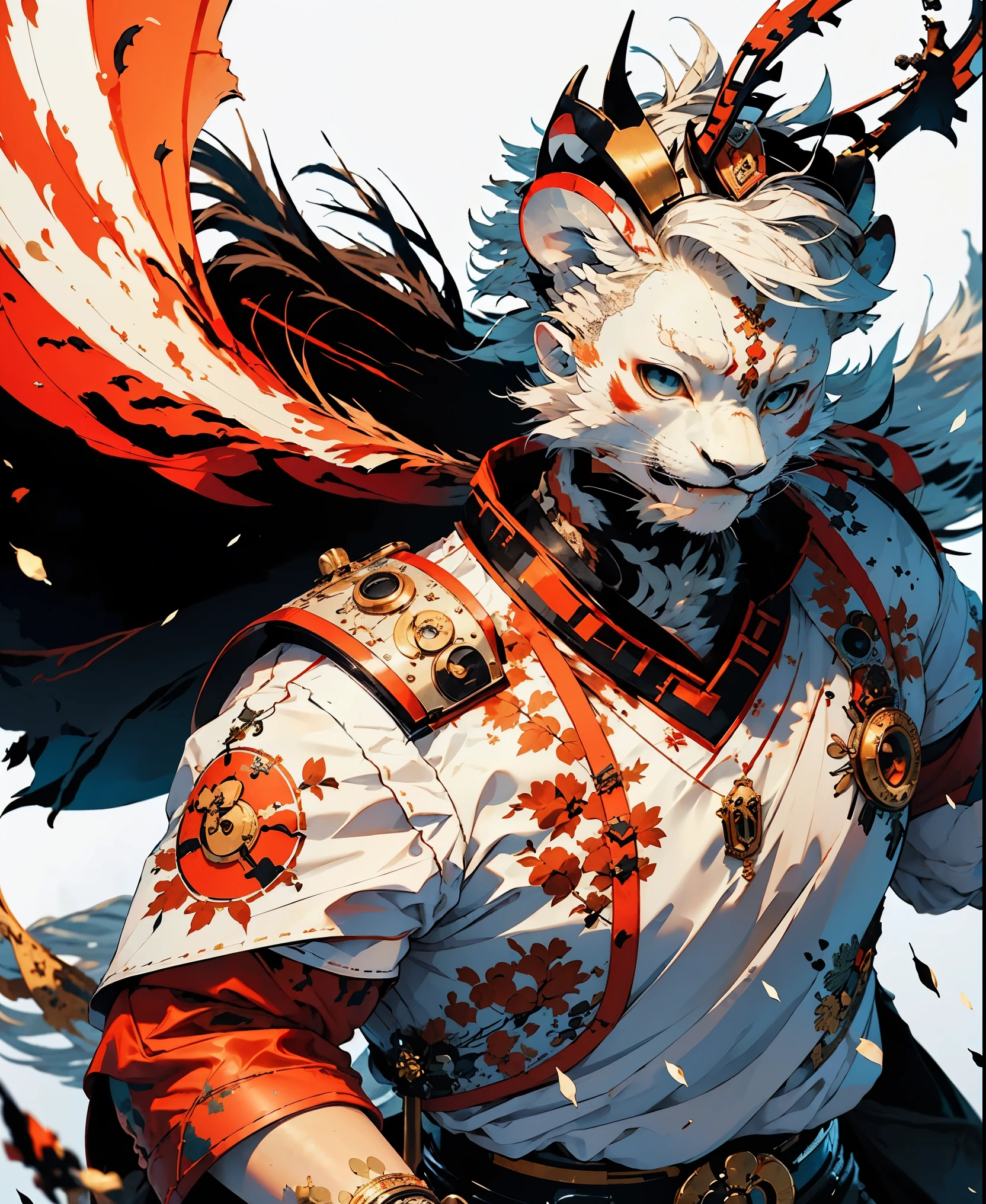 32K UHD QUALITY RESOLUTION, white lion, samurai warrior, highly detailed samurai battle armor and sashimono war flag, dynamic battle pose, blood splattered, cherry blossoms blowing in the wind, post apocalyptic feudal Japan background 