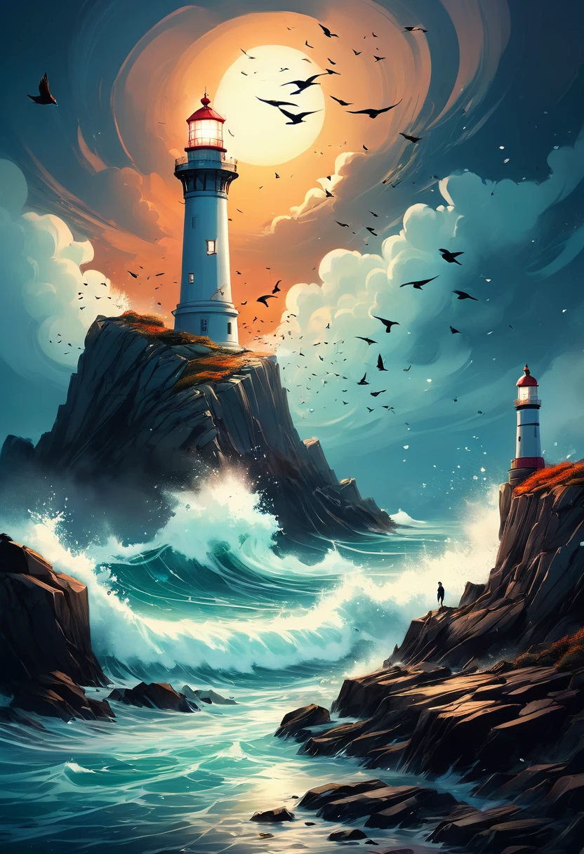 a painting of a lighthouse on a rocky shore with birds flying around, Lighthouse radiates light from the sea., art station, serial art,, lighthouse, lighthouse, Amazing wallpapers, beautiful数字艺术作品, 一个beautiful艺术, 4k detailed digital art, landscape artwork, 一幅beautiful画, high quality digital, beautiful.super detailed,(actual,photoactual,photo-actual:1.37),anatomically correct...