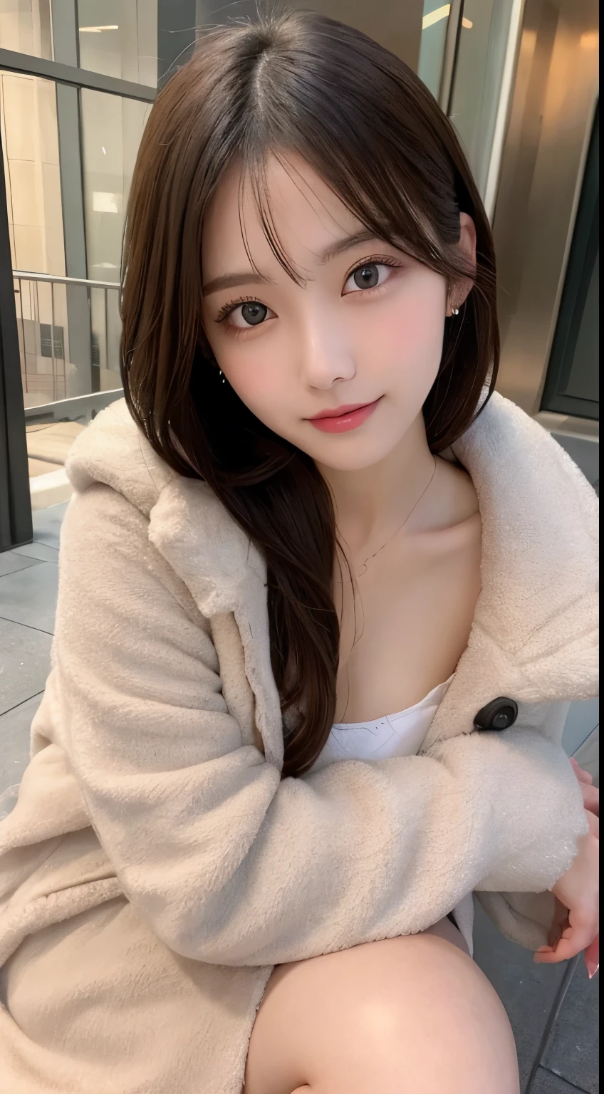 table top, highest quality, shape, Super detailed, finely, High resolution, 8k wallpaper, 完璧なダイナミックな構shape, beautiful and detailed eyes, medium hair, small breasts, natural color lip, random sexy pose,smile,20 year old girl、midnight、beautiful and detailed face、perfect and beautiful face,Big eyes、RAW photo、Expressing feminine poses with your whole body、beautiful and detailed eyes、small face、beautiful duplex、slim face and style,luxury brand mink coat(internal:winter dress)、beautiful golden ratio face,straight hair,bright look、Foot Shooting、blur background,beautiful feet,anatomically correct body