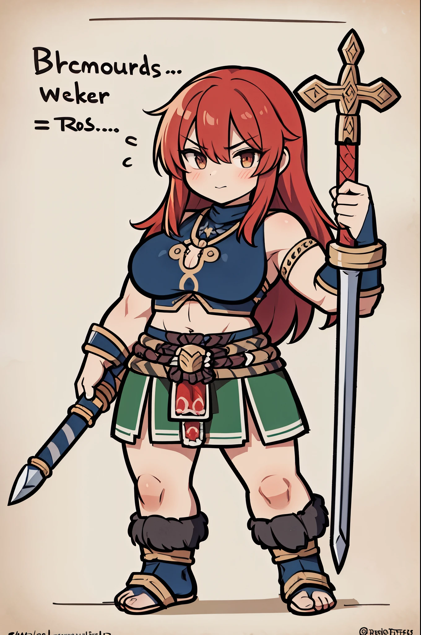 a drawing of a man in a kilt holding a sword, by bestiary_style, masterpiece, best quality, a character based on a haggis, female barbarian, male barbarian, north adult female warrior, detailed full body concept, north female warrior, detailed but rough, muscular female druid, dnd goliath character concept, full body concept, valkyrie style character, barbarian class, bold lineart, concept art of a warrior