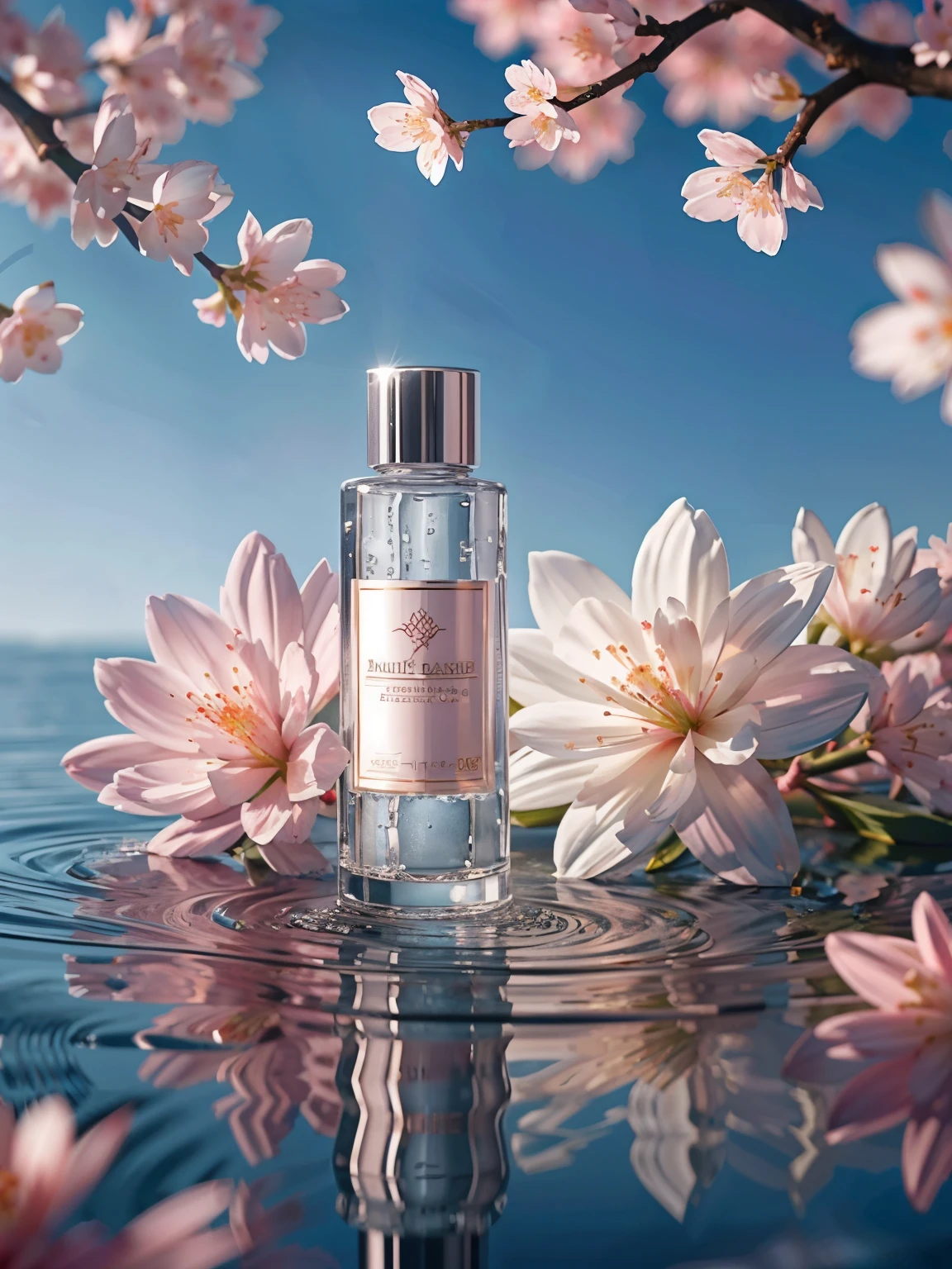 BEST QUALITY, 4K, 8K, HIGH RESOLUTION, MASTERPIECE, ULTRA-DETAILED, PHOTOREALISTIC, BLENDER, MAKEUP BOTTLE, CHERRY BLOSSOM WRAPPED AROUND, BLUE SKY BACKGROUND, WATER, SUNLIGHT, LOW PERSPECTIVE, PRODUCT RENDERING