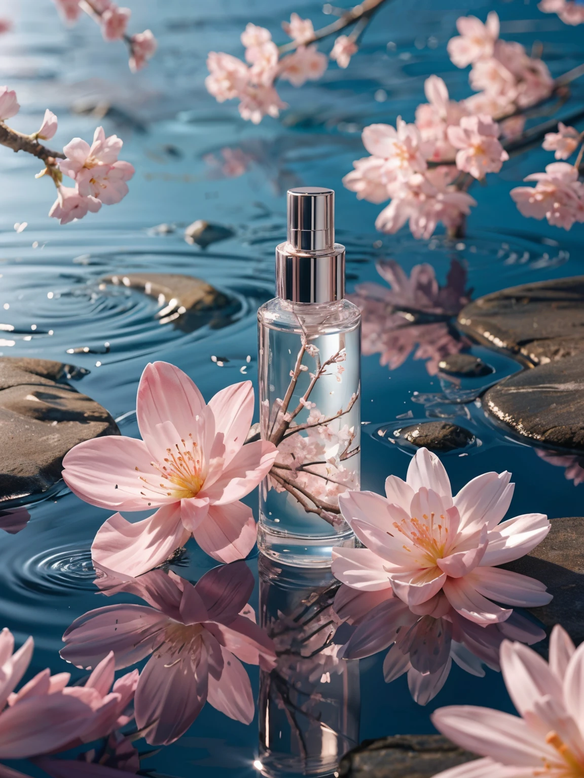 BEST QUALITY, 4K, 8K, HIGH RESOLUTION, MASTERPIECE, ULTRA-DETAILED, PHOTOREALISTIC, BLENDER, MAKEUP BOTTLE, CHERRY BLOSSOM WRAPPED AROUND, BLUE SKY BACKGROUND, WATER, SUNLIGHT, LOW PERSPECTIVE, PRODUCT RENDERING