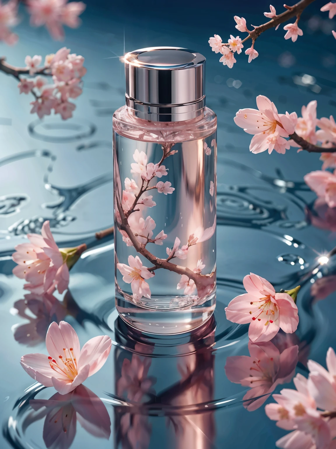 BEST QUALITY, 4K, 8K, HIGH RESOLUTION, MASTERPIECE, ULTRA-DETAILED, PHOTOREALISTIC, BLENDER, MAKEUP BOTTLE, CHERRY BLOSSOM WRAPPED AROUND, BLUE SKY BACKGROUND, WATER, SUNLIGHT, LOW PERSPECTIVE, PRODUCT RENDERING