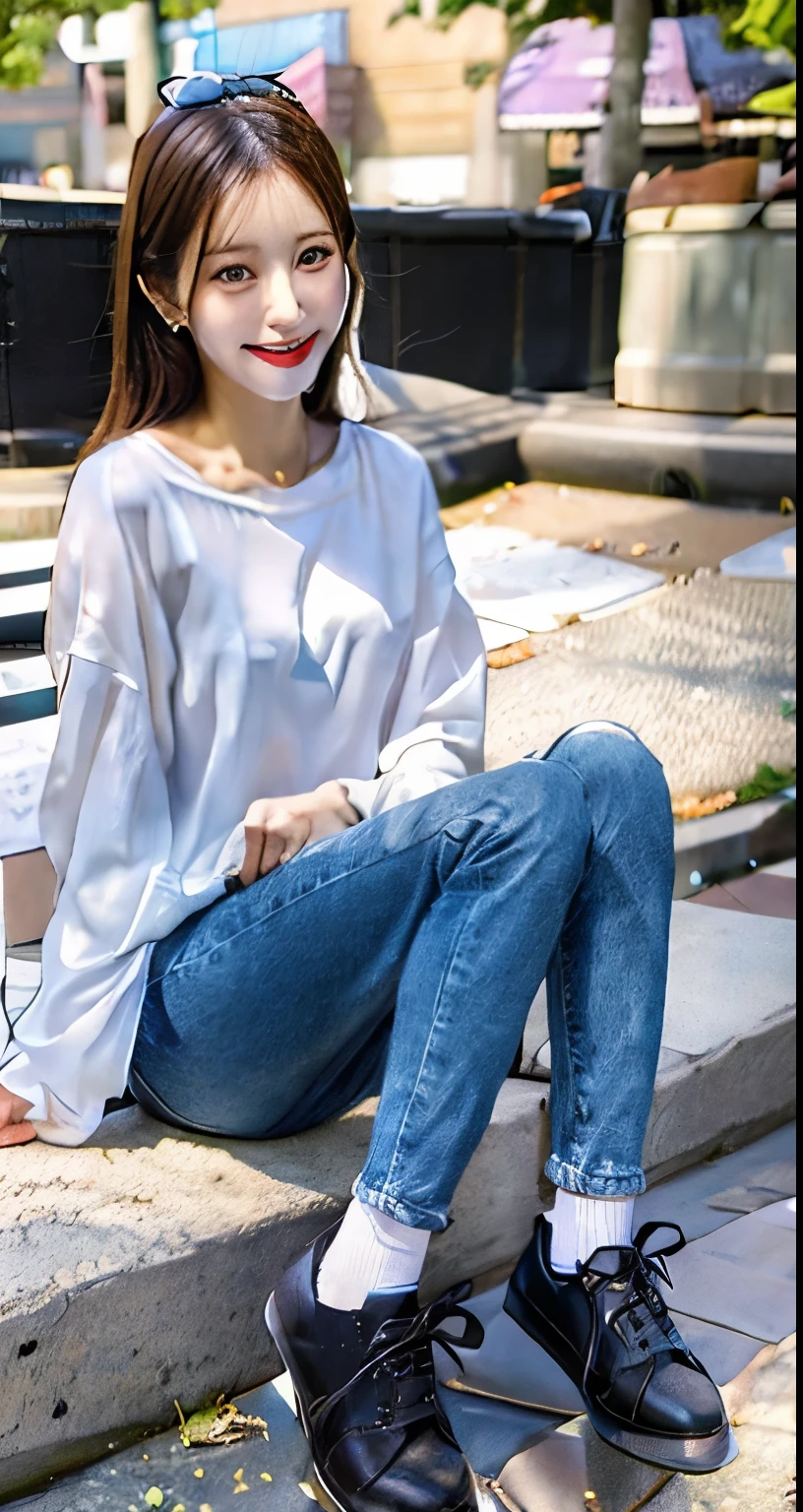 A neat and beautiful woman sitting on a park bench、black hair、blouse、skinny denim、pumps、socks slightly visible through shoes、refreshing smile、smiling showing teeth、full body photo、hat
