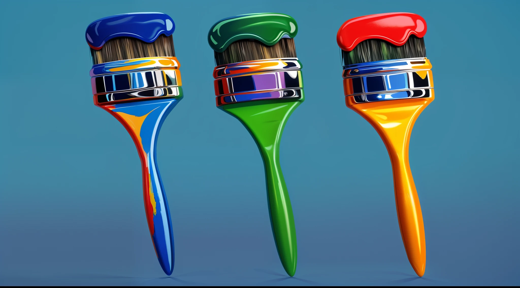 three paint brushes with different colors are lined up against a blue background, hard brush painting, brush paint, extremely detailed brush, highly detailed brush style, brush art, paintbrush, cinema 4d colorful render, z brush, realistic paint job, painted with a thick brush, photorealistic colors, bright colors highly detailed, digitally painting, expresive brush, brush painting