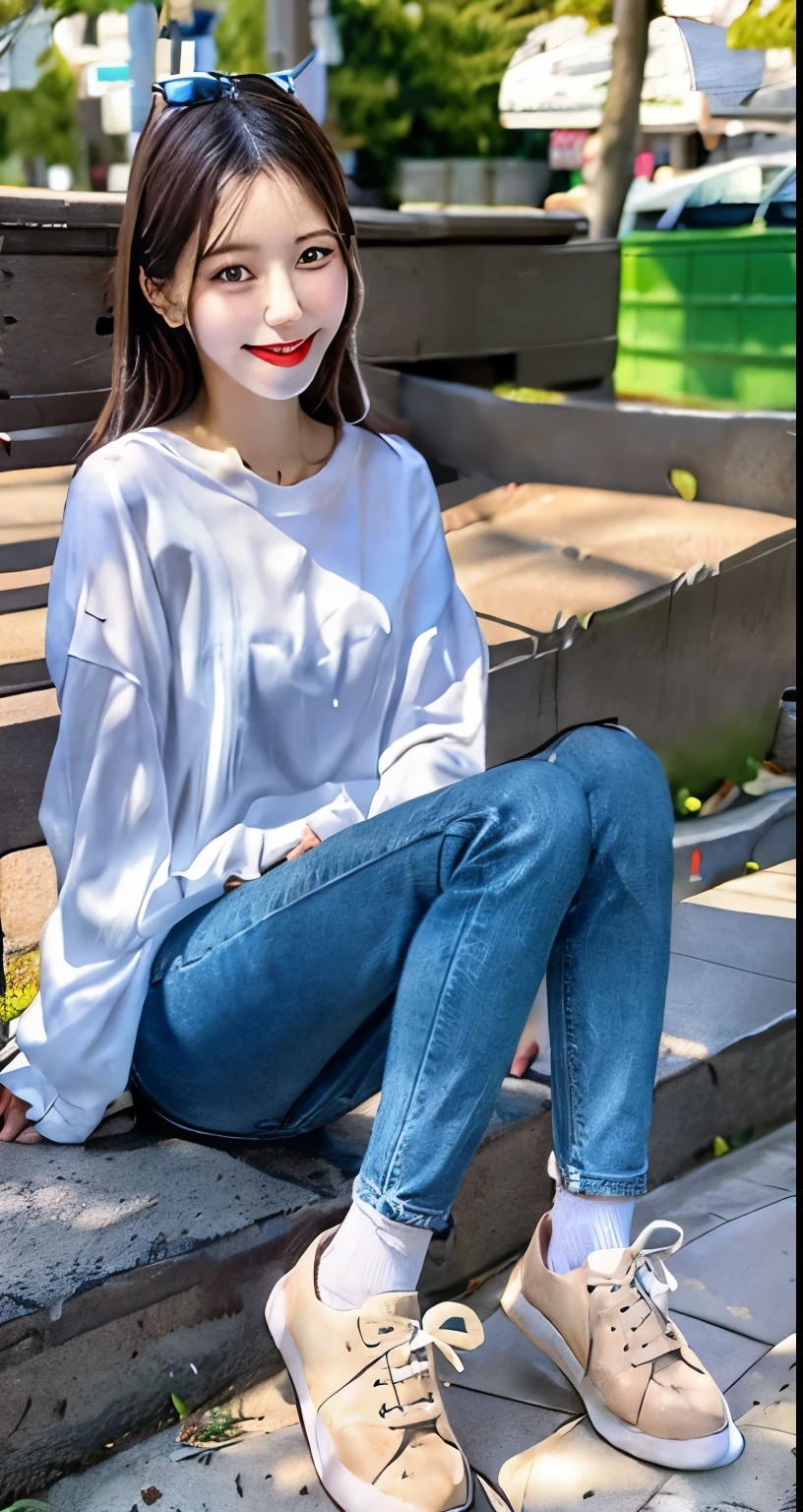 A neat and beautiful woman sitting on a park bench、black hair、blouse、skinny denim、pumps、socks slightly visible through shoes、refreshing smile、smiling showing teeth、full body photo、hat