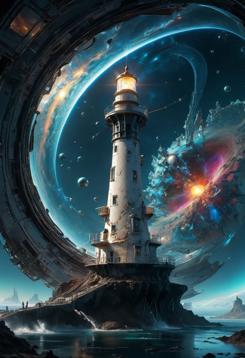 (Cosmic Lighthouse:1.4), Space-themed Prepare a visually arresting sci-fi concept art piece, earth's most accomplished quantum entangled cosmonaut aboard her sentient spaceship, traversing wormholes to investigate strange anomalies threatening humanity's survival, encapsulate the psychedelic space warps and time distortions experienced during faster-than-light travel in an otherwise cold, sterile vacuum. Feature intricate machinery, luminescent displays, and advanced alien species encountered along the way. Utilize abstract expressionism combined with hyper-realistic rendering to convey the disorienting and often paradoxical nature of quantum physics. Balance serene tranquility with explosive energy, channeling influences from Salvador Dalí and Roger Dean to generate a surreal journey transcending dimensions. Ensure that every minute detail pops with crystalline clarity and intensity, suitable for large format printing or eye-catching desktop wallpaper. Cosmic, celestial, stars, galaxies, nebulas, planets, science fiction, (best quality, masterpiece, Representative work, official art, Professional, 8k, Ultra intricate detailed:1.3)