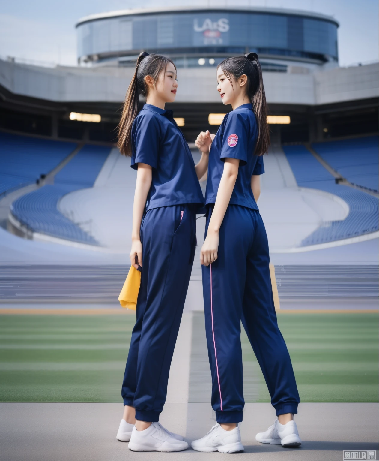 (best quality,10,10,height,Masterpiece:1.2),Special details,(realistic,ภาพrealistic,Realistic photos:1.37),1 cute girl on the football field,shiny, ผิวshiny,only,smile softly,BDclothelue shirt:1.3)),short sleeve,shirt, กางเกงขาlong.,(navy_long_track pants:1.1), ((stadium background:1.3)),Dynamic angle,excited,Face focus,dynamic poses,from behind,focus on ass,Masterpiece, best quality, ultra realistic, hyper-detail, 8K resolution, raw photos, Sharp focus, ((Navy blue shirt:1.1)), short sleeve, เส้นทางlong, perfect body, 2 mature women, 18 years old, Cinema-grade lighting system,blue sweatpants,shirtผ้าออกกำลังกาย,correct anatomy,perfect body, correct body, Sharp face, correct bodyทางกายวิภาค, full body, realistic gestures, long-haired, realistic poses,Wear long shorts................................,ช่วงขาlong,Good shape,carved girl, Slender figure, model, Good shape, beautiful body,blue sweatpants, two girls kissing
