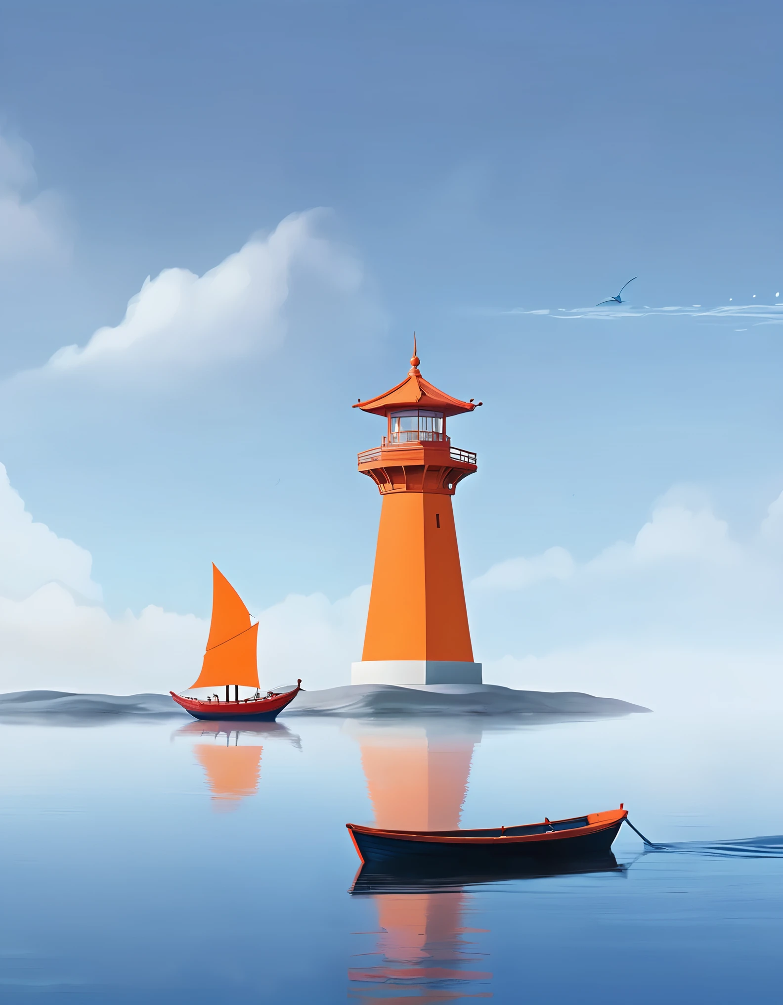 A tall orange lighthouse emits bright light, and in the distance, a blue boat is sailing towards the sky. A person stands on the boat, in the style of Eastern minimalism, presented in the movie 4D. Conceptual art, Shang Dynasty, a peaceful and contemplative feeling, and minimalist stage design,