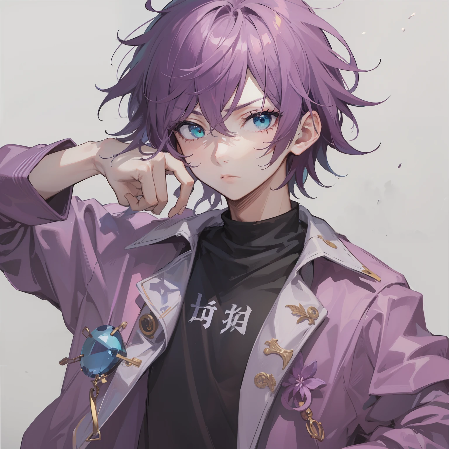 1boy, anime, messy_indigo_hair, magenta_jacket, sea_green_eyes, white_background, irritated, looking_at_viewer