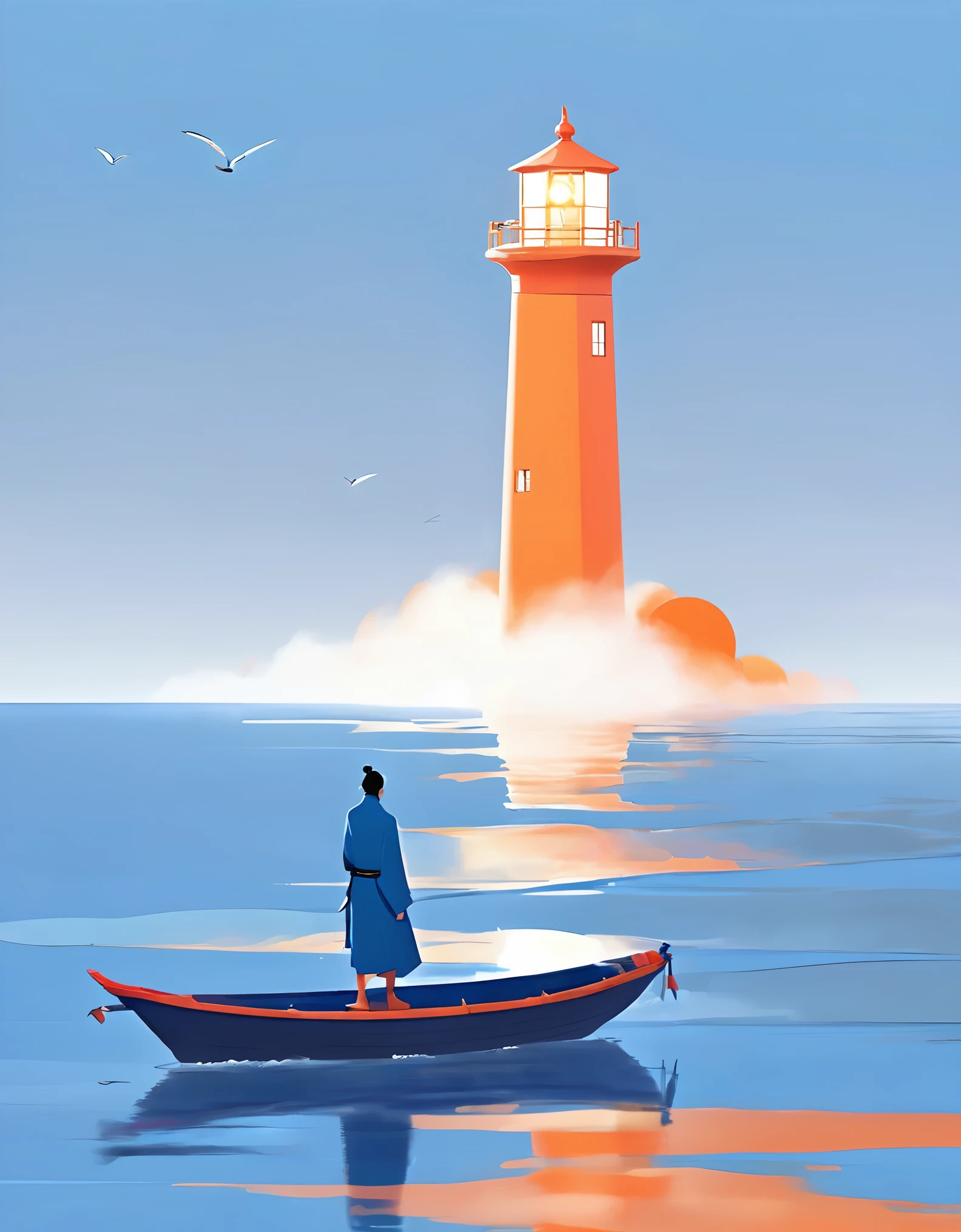 A tall orange lighthouse emits bright light, and in the distance, a blue boat is sailing towards the sky. A person stands on the boat, in the style of Eastern minimalism, presented in the movie 4D. Conceptual art, Shang Dynasty, a peaceful and contemplative feeling, and minimalist stage design,