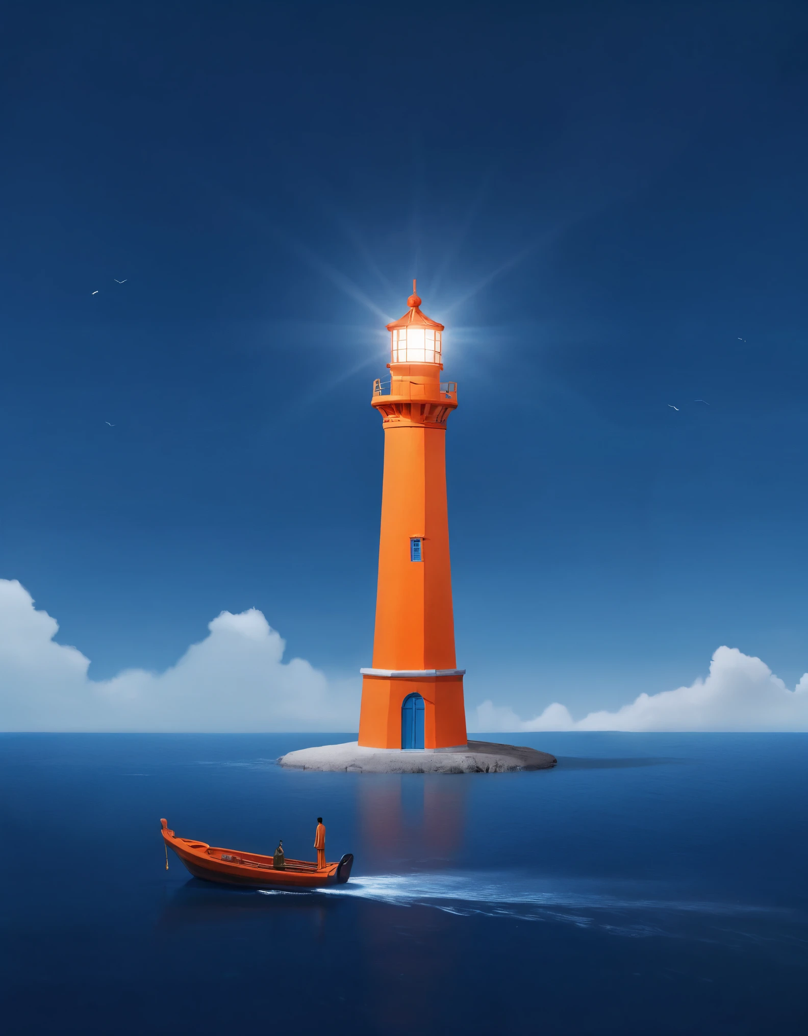 A tall orange lighthouse emits bright light, and in the distance, a blue boat is sailing towards the sky. A person stands on the boat, in the style of Eastern minimalism, presented in the movie 4D. Conceptual art, Shang Dynasty, a peaceful and contemplative feeling, and minimalist stage design,