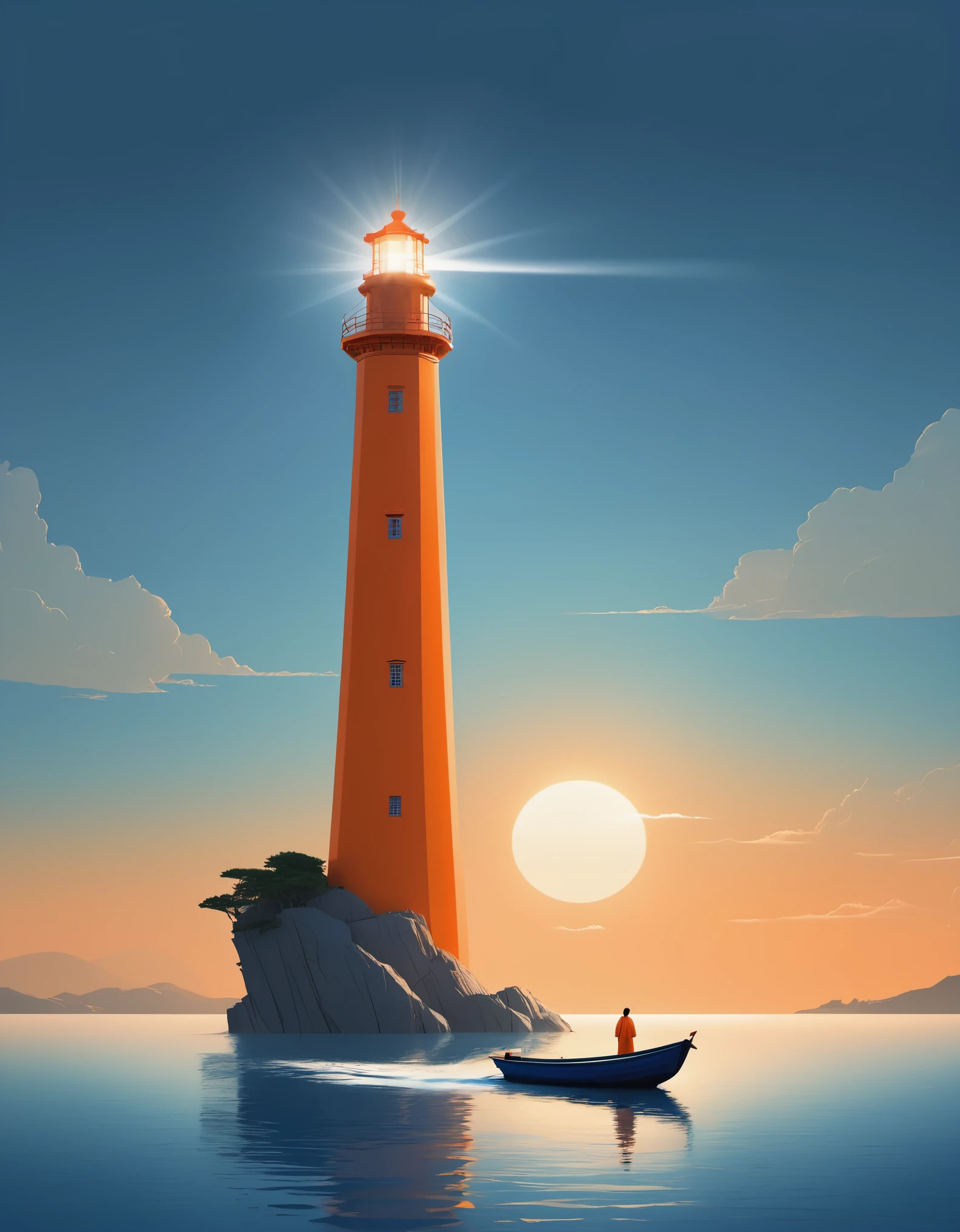 An orange lighthouse emits bright light, and in the distance, a blue boat is sailing towards the sky. A person stands on the boat, in the style of Eastern minimalism, presented in the movie 4D. Conceptual art, Shang Dynasty, a peaceful and contemplative feeling, minimalist stage design,