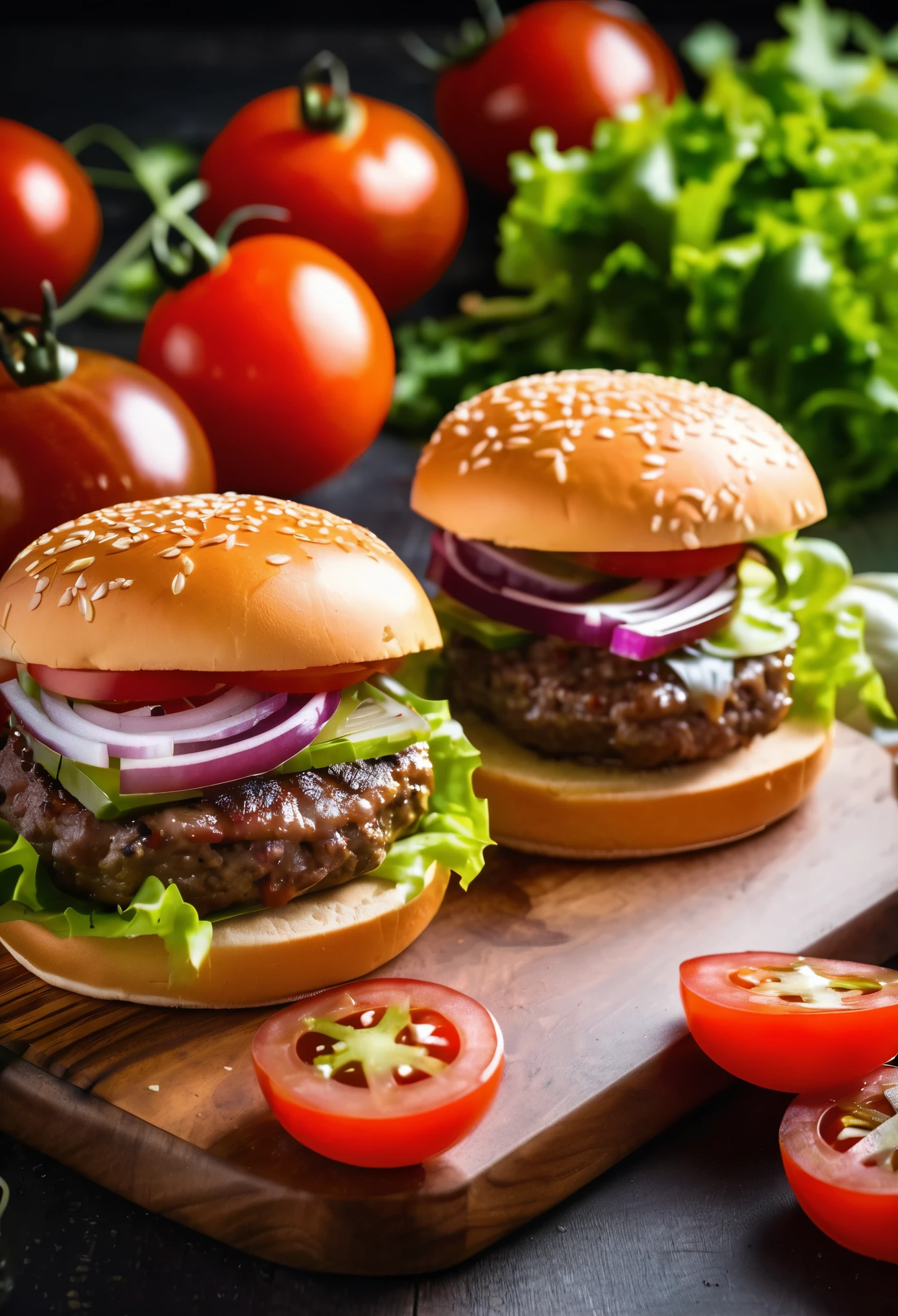 TWO HAMBURGERS WITH CHEESE, ONIONS, AND TOMATOES ON A WOODEN CUTTING BOARD, HAMBURGERS, SERVING BURGERS, OPERATING ON BURGERS, HIGH QUALITY FOOD PHOTOGRAPHY, CLOSE-UP, CHEESEBURGER, SHUTTERSTOCK, BIG JUICY BURGER, PROFESSIONAL FOOD PHOTOGRAPHY, BURGER, EATING BURGERS, HAMBURGER, BURGER ON A PLATE, FOOD COMMERCIAL 4K