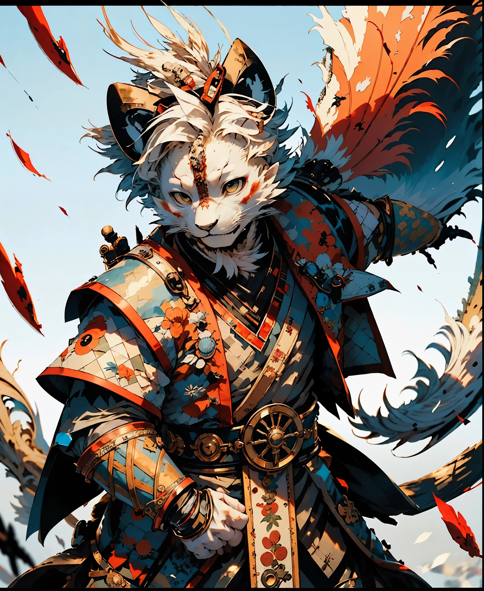 32K UHD QUALITY RESOLUTION, white lion, samurai warrior, highly detailed samurai battle armor and sashimono war flag, dynamic battle pose, blood splattered, cherry blossoms blowing in the wind, post apocalyptic feudal Japan background