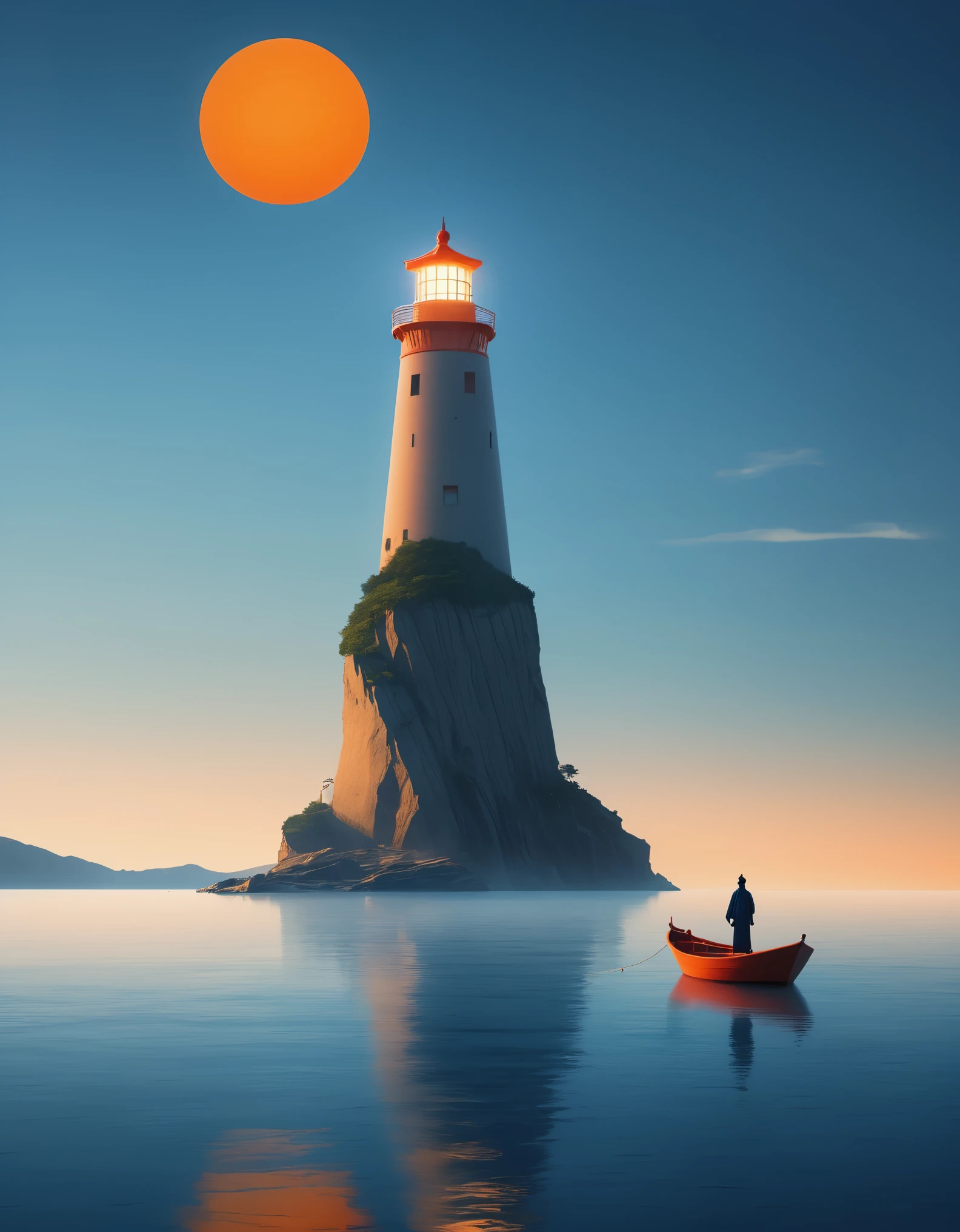 An orange lighthouse emits bright light, and in the distance, a blue boat is sailing towards the sky. A person stands on the boat, in the style of Eastern minimalism, presented in the movie 4D. Conceptual art, Shang Dynasty, a peaceful and contemplative feeling, minimalist stage design,