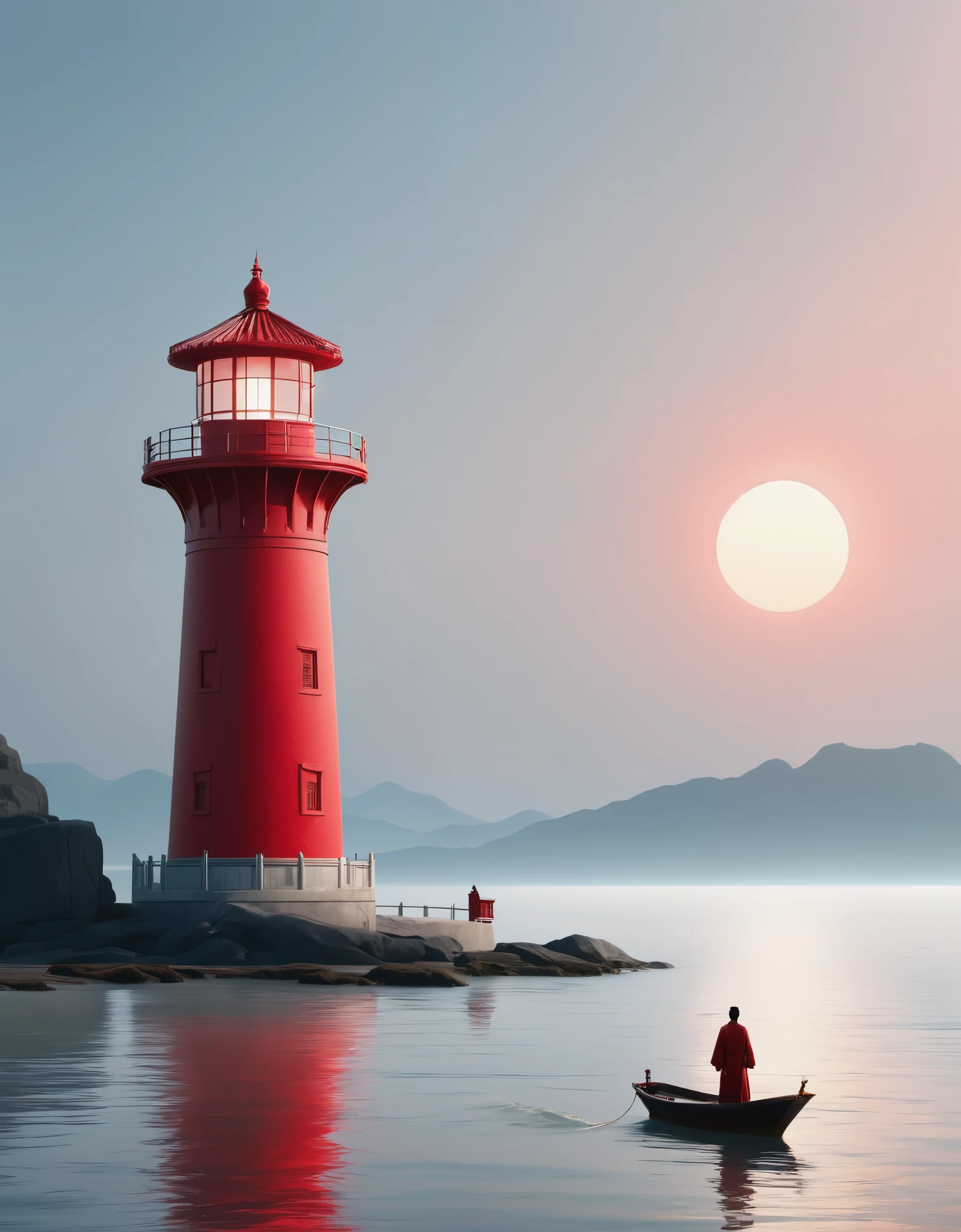 A red lighthouse emits bright light, and in the distance there is a boat with a person standing on it. It features an Eastern minimalist style and is presented in the 4D film. The concept art, Shang Dynasty, and a peaceful and contemplative feeling are presented in a minimalist stage design