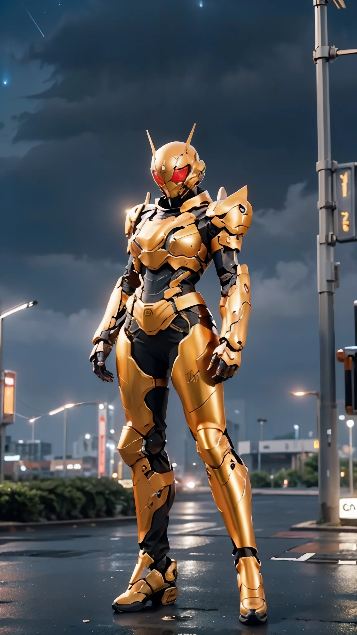 A woman adorned in fantasy-style full-body armor, a crown-concept fully enclosed helmet that unveils only her eyes, a composite layered chest plate, fully encompassing shoulder and hand guards, a lightweight waist armor, form-fitting shin guards, the overall design is heavy-duty yet flexible, ((the armor gleams with a golden glow, complemented by red and blue accents)), exhibiting a noble aura, she floats above a fantasy-surreal high-tech city, this character embodies a finely crafted fantasy-surreal style armored hero in anime style, exquisite and mature manga art style, (Queen bee mixed with Spider concept Armor, photorealistic:1.2, Real texture material:1.2), ((night sky, city night view, elegant, goddess, femminine:1.5)), Unreal Engine 5, metallic, high definition, best quality, highres, ultra-detailed, ultra-fine painting, extremely delicate, professional, anatomically correct, symmetrical face, extremely detailed eyes and face, high quality eyes, creativity, RAW photo, UHD, 32k, Natural light, cinematic lighting, masterpiece-anatomy-perfect, masterpiece:1.5