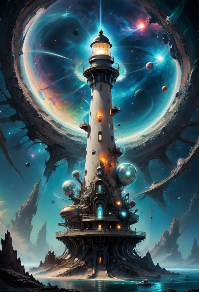 (Cosmic Lighthouse:1.4), Space-themed Prepare a visually arresting sci-fi concept art piece, earth's most accomplished quantum entangled cosmonaut aboard her sentient spaceship, traversing wormholes to investigate strange anomalies threatening humanity's survival, encapsulate the psychedelic space warps and time distortions experienced during faster-than-light travel in an otherwise cold, sterile vacuum. Feature intricate machinery, luminescent displays, and advanced alien species encountered along the way. Utilize abstract expressionism combined with hyper-realistic rendering to convey the disorienting and often paradoxical nature of quantum physics. Balance serene tranquility with explosive energy, channeling influences from Salvador Dalí and Roger Dean to generate a surreal journey transcending dimensions. Ensure that every minute detail pops with crystalline clarity and intensity, suitable for large format printing or eye-catching desktop wallpaper. Cosmic, celestial, stars, galaxies, nebulas, planets, science fiction, (best quality, masterpiece, Representative work, official art, Professional, 8k, Ultra intricate detailed:1.3)
