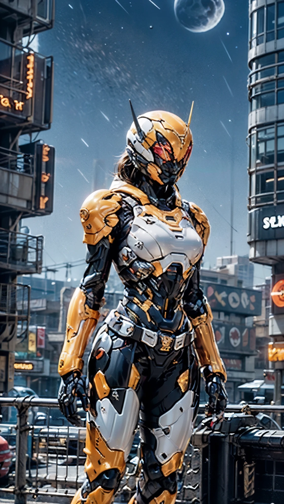 A woman adorned in fantasy-style full-body armor, a crown-concept fully enclosed helmet that unveils only her eyes, a composite layered chest plate, fully encompassing shoulder and hand guards, a lightweight waist armor, form-fitting shin guards, the overall design is heavy-duty yet flexible, ((the armor gleams with a golden glow, complemented by red and blue accents)), exhibiting a noble aura, she floats above a fantasy-surreal high-tech city, this character embodies a finely crafted fantasy-surreal style armored hero in anime style, exquisite and mature manga art style, (Queen bee mixed with Spider concept Armor, photorealistic:1.2, Real texture material:1.2), ((night sky, city night view, elegant, goddess, femminine:1.5)), Unreal Engine 5, metallic, high definition, best quality, highres, ultra-detailed, ultra-fine painting, extremely delicate, professional, anatomically correct, symmetrical face, extremely detailed eyes and face, high quality eyes, creativity, RAW photo, UHD, 32k, Natural light, cinematic lighting, masterpiece-anatomy-perfect, masterpiece:1.5
