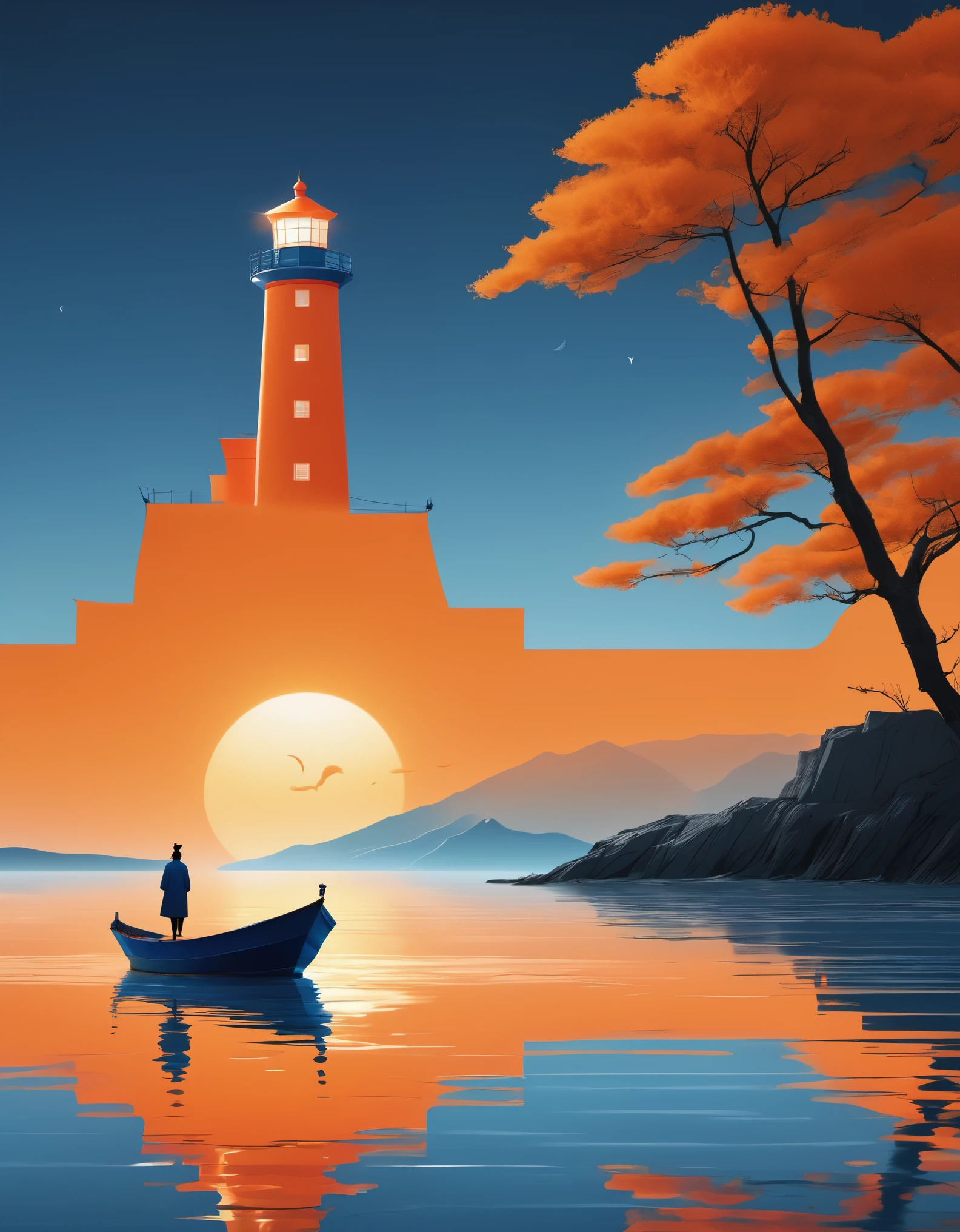An orange lighthouse emits bright light, and in the distance, a blue boat is sailing towards the sky. A person stands on the boat, in the style of Eastern minimalism, presented in the movie 4D. Conceptual art, Shang Dynasty, a peaceful and contemplative feeling, minimalist stage design,