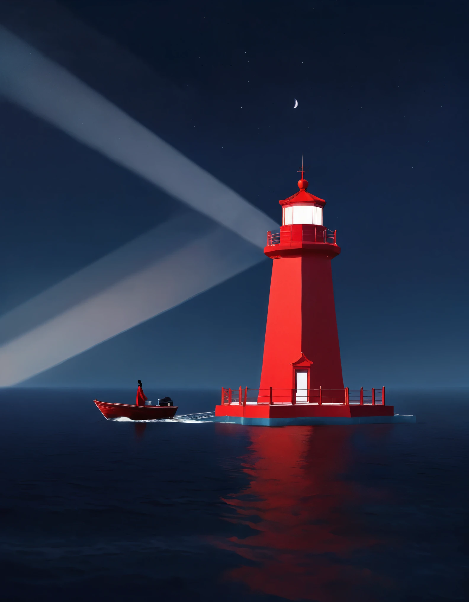 A red lighthouse emits bright light, and in the distance, a boat is sailing towards the sky. A woman stands on the boat, in the style of Eastern minimalism, presented in the movie 4D. Conceptual art, Shang Dynasty, a peaceful and contemplative feeling, minimalist stage design