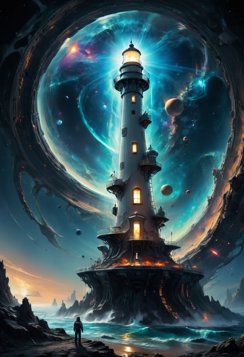 (Cosmic Lighthouse:1.4), Space-themed Prepare a visually arresting sci-fi concept art piece, earth's most accomplished quantum entangled cosmonaut aboard her sentient spaceship, traversing wormholes to investigate strange anomalies threatening humanity's survival, encapsulate the psychedelic space warps and time distortions experienced during faster-than-light travel in an otherwise cold, sterile vacuum. Feature intricate machinery, luminescent displays, and advanced alien species encountered along the way. Utilize abstract expressionism combined with hyper-realistic rendering to convey the disorienting and often paradoxical nature of quantum physics. Balance serene tranquility with explosive energy, channeling influences from Salvador Dalí and Roger Dean to generate a surreal journey transcending dimensions. Ensure that every minute detail pops with crystalline clarity and intensity, suitable for large format printing or eye-catching desktop wallpaper. Cosmic, celestial, stars, galaxies, nebulas, planets, science fiction, (best quality, masterpiece, Representative work, official art, Professional, 8k, Ultra intricate detailed:1.3)