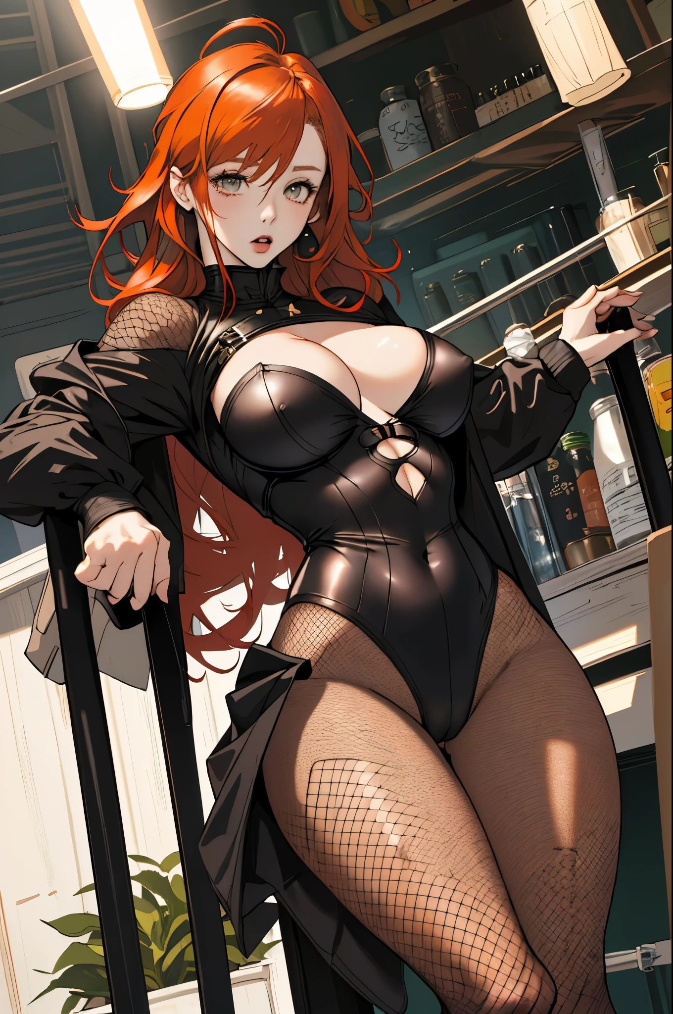 master piece, high quality, High resolution, one redhead hair girl ,Black fishnet tights that hug your thighs、Bunny girl、High leg、sexy、sexy