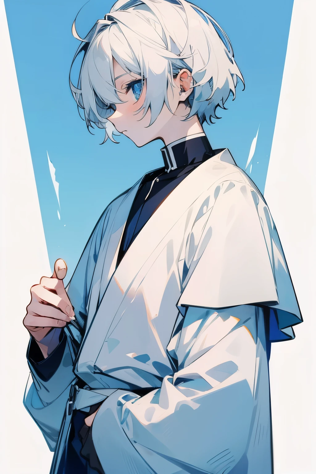 Anime boy with pale skin, dark blue cute eyes, and short white hair, stands against a simple white background. He wears a humble white outfit with a light blue collar, conveying an innocent and adorable vibe. The soft hues of pale skin and white clothes create a serene and peaceful atmosphere around him.