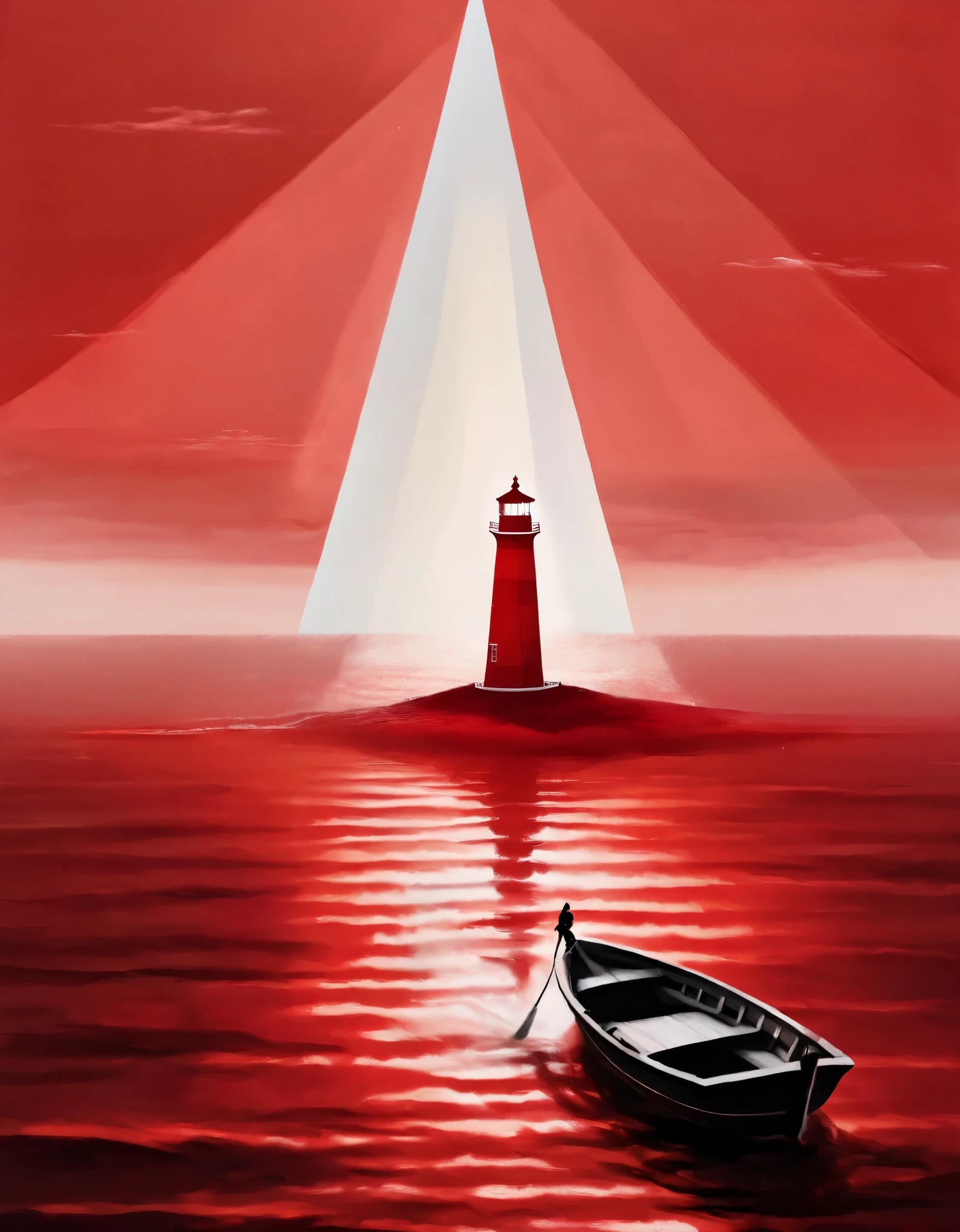 A red lighthouse emits bright light, and in the distance, a boat is sailing towards the sky. A woman stands on the boat, in the style of Eastern minimalism, presented in the movie 4D. Conceptual art, Shang Dynasty, a peaceful and contemplative feeling, minimalist stage design