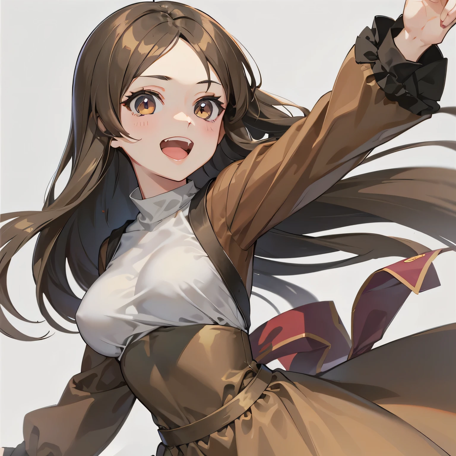 1girl, anime, brown_hair, hazel_eyes, medium_breasts, cheerful, katara_dress, white_background, looking_at_viewer